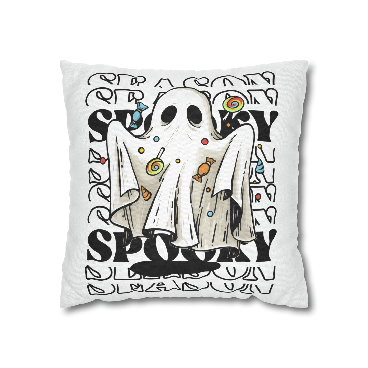 Funda de almohada cuadrada de poliéster hilado - Halloween - Pequeño fantasma - 05/07