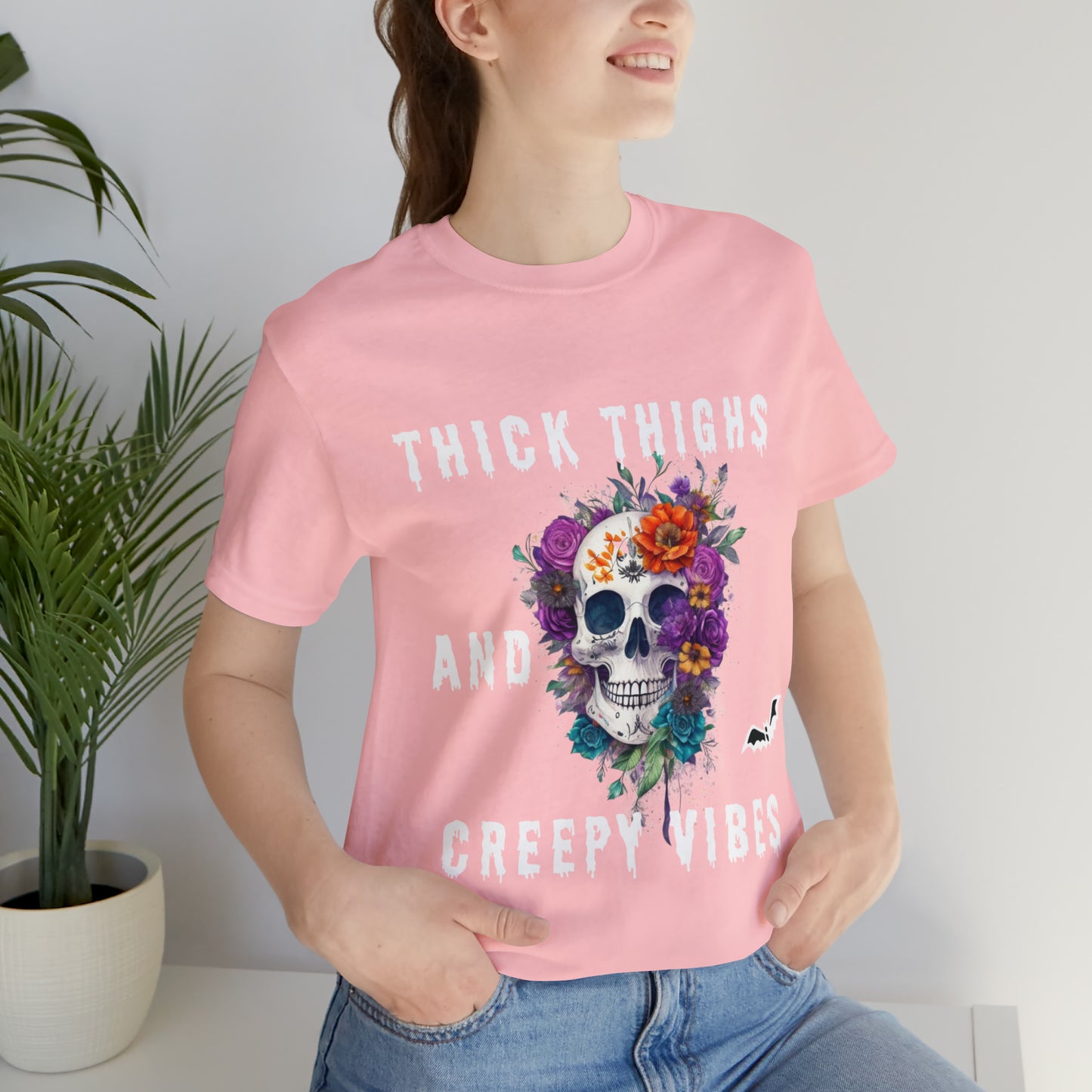Tee-shirt à manches courtes en jersey unisexe - Crâne et fleurs d'Halloween
