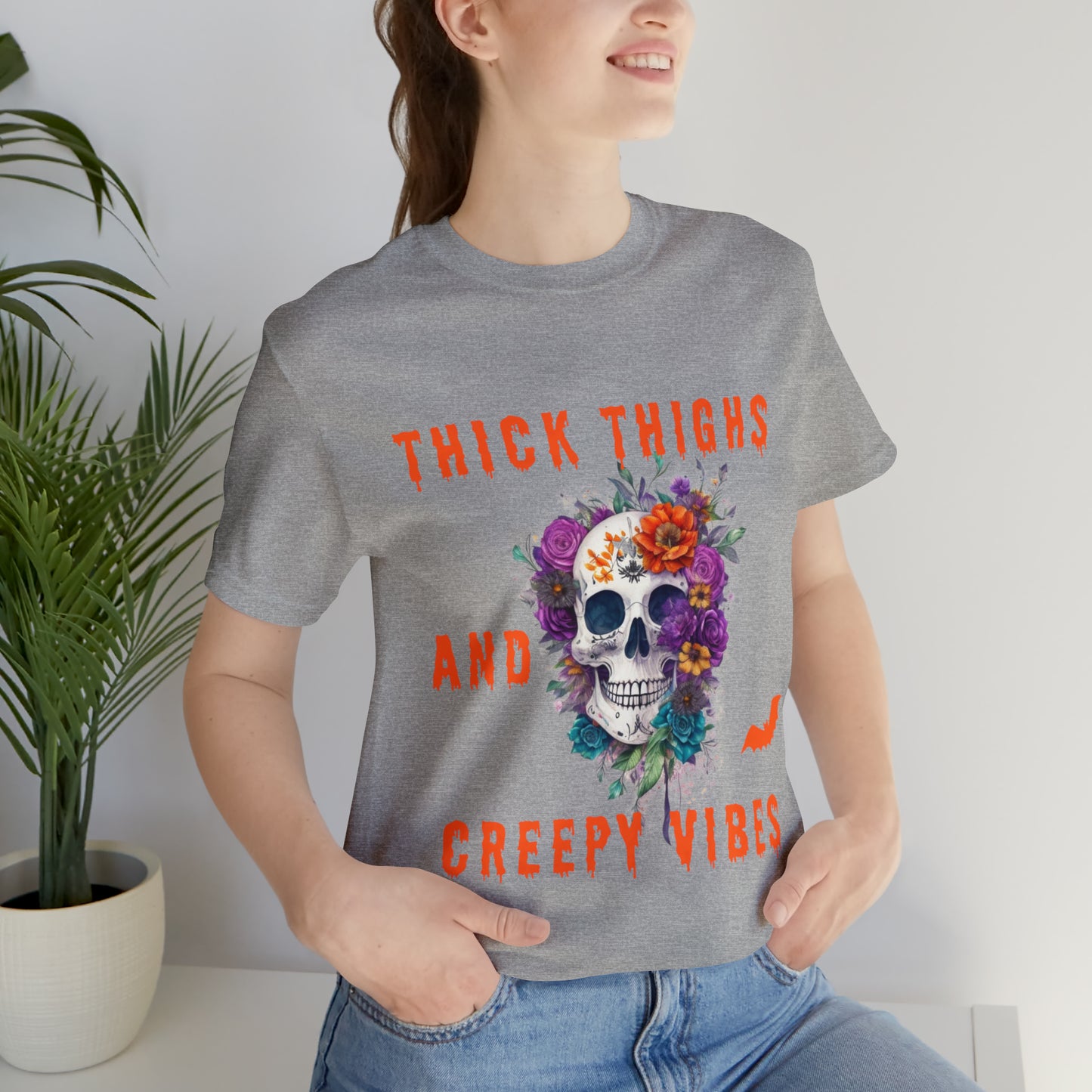Tee-shirt à manches courtes en jersey unisexe - Crâne et fleurs d'Halloween