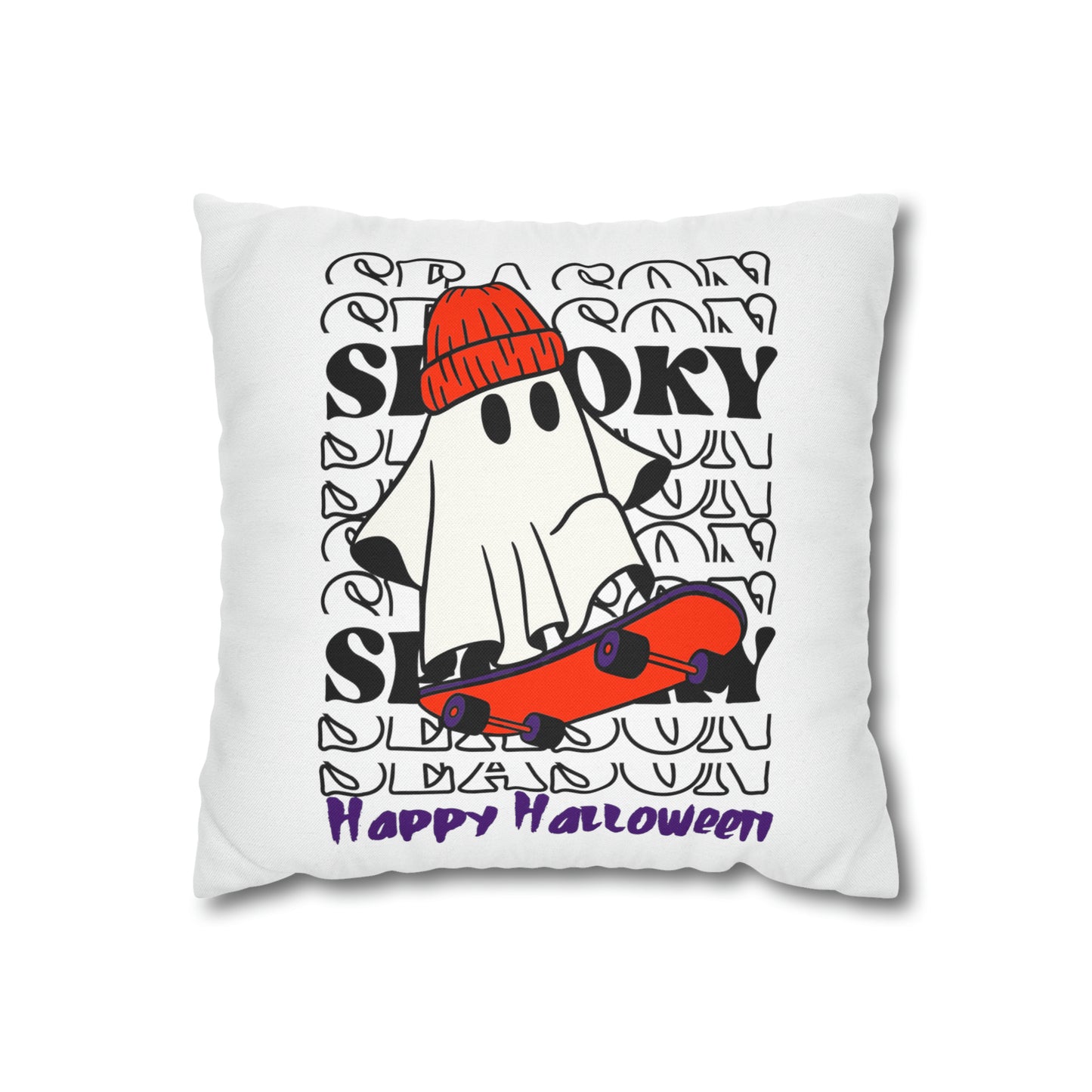 Funda de almohada cuadrada de poliéster hilado - Halloween - Pequeño fantasma - 02/04