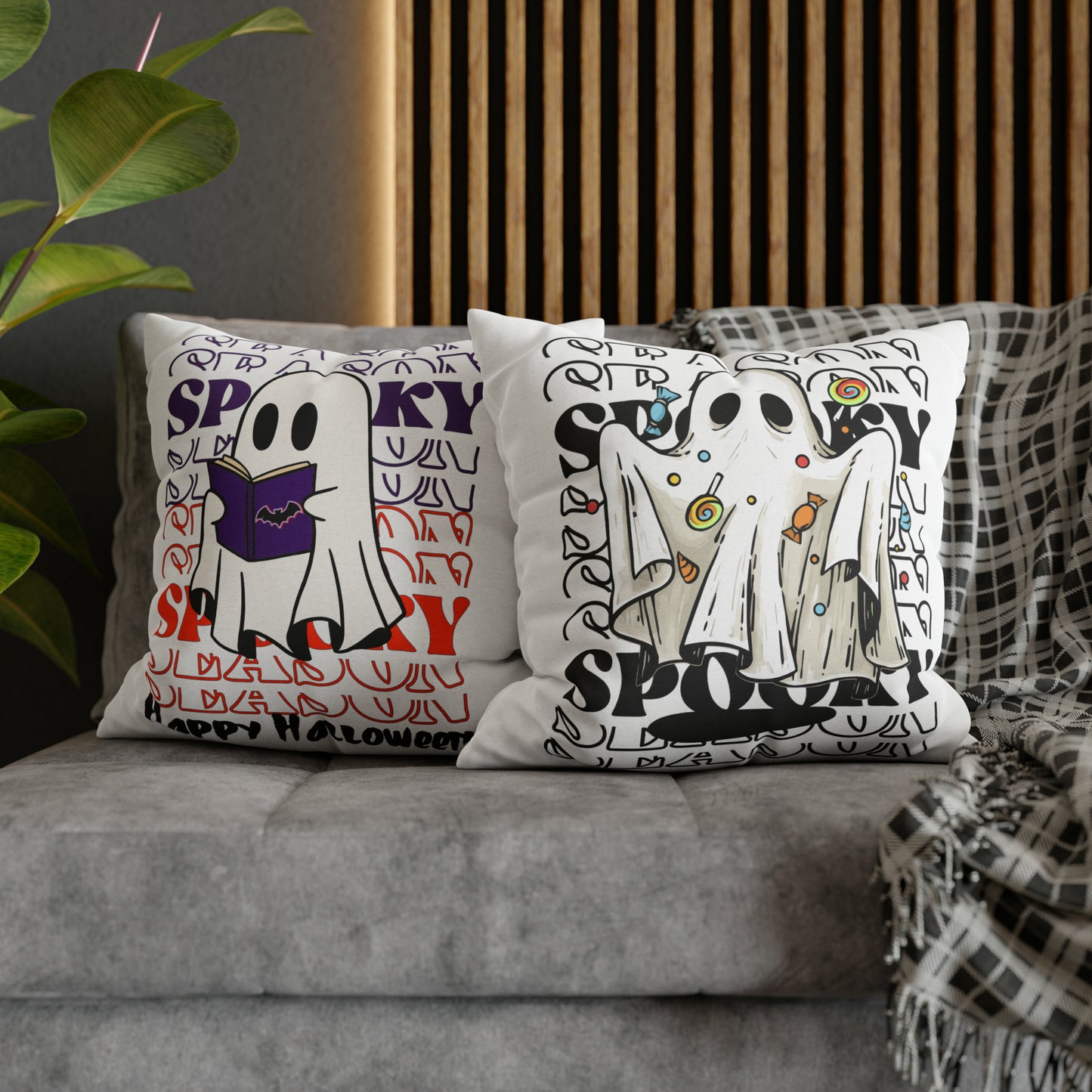 Funda de almohada cuadrada de poliéster hilado - Halloween - Pequeño fantasma - 05/07