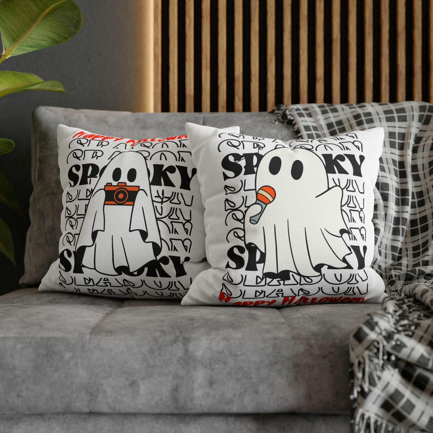 Funda de almohada cuadrada de poliéster hilado - Halloween - Pequeño fantasma - 08/06