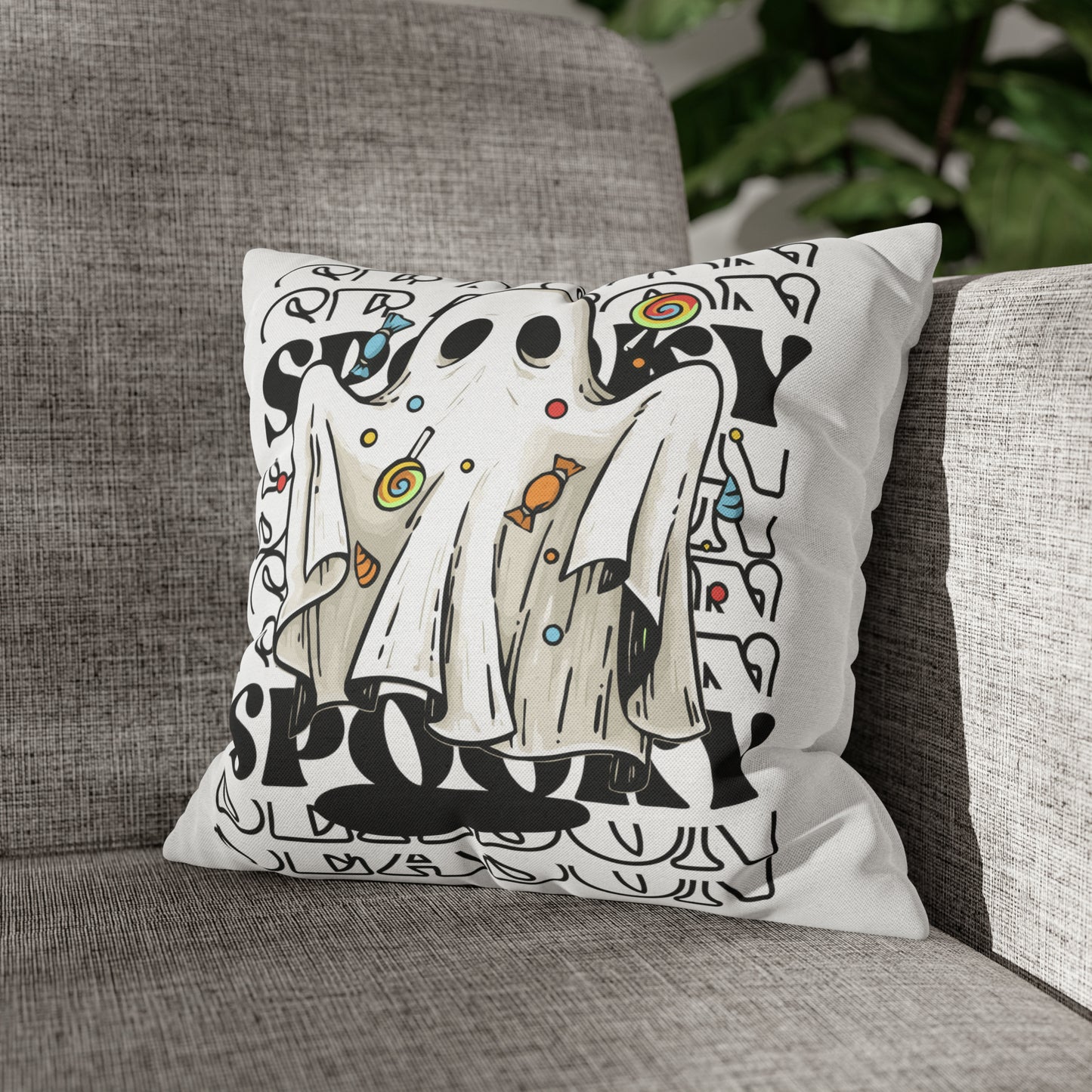 Funda de almohada cuadrada de poliéster hilado - Halloween - Pequeño fantasma - 05/07