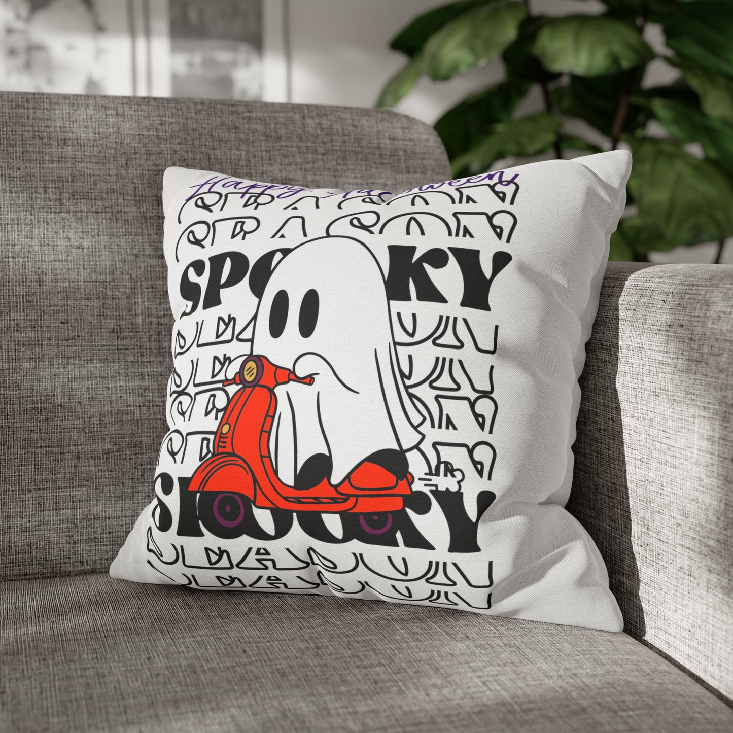 Funda de almohada cuadrada de poliéster hilado - Halloween - Pequeño fantasma - 09/04