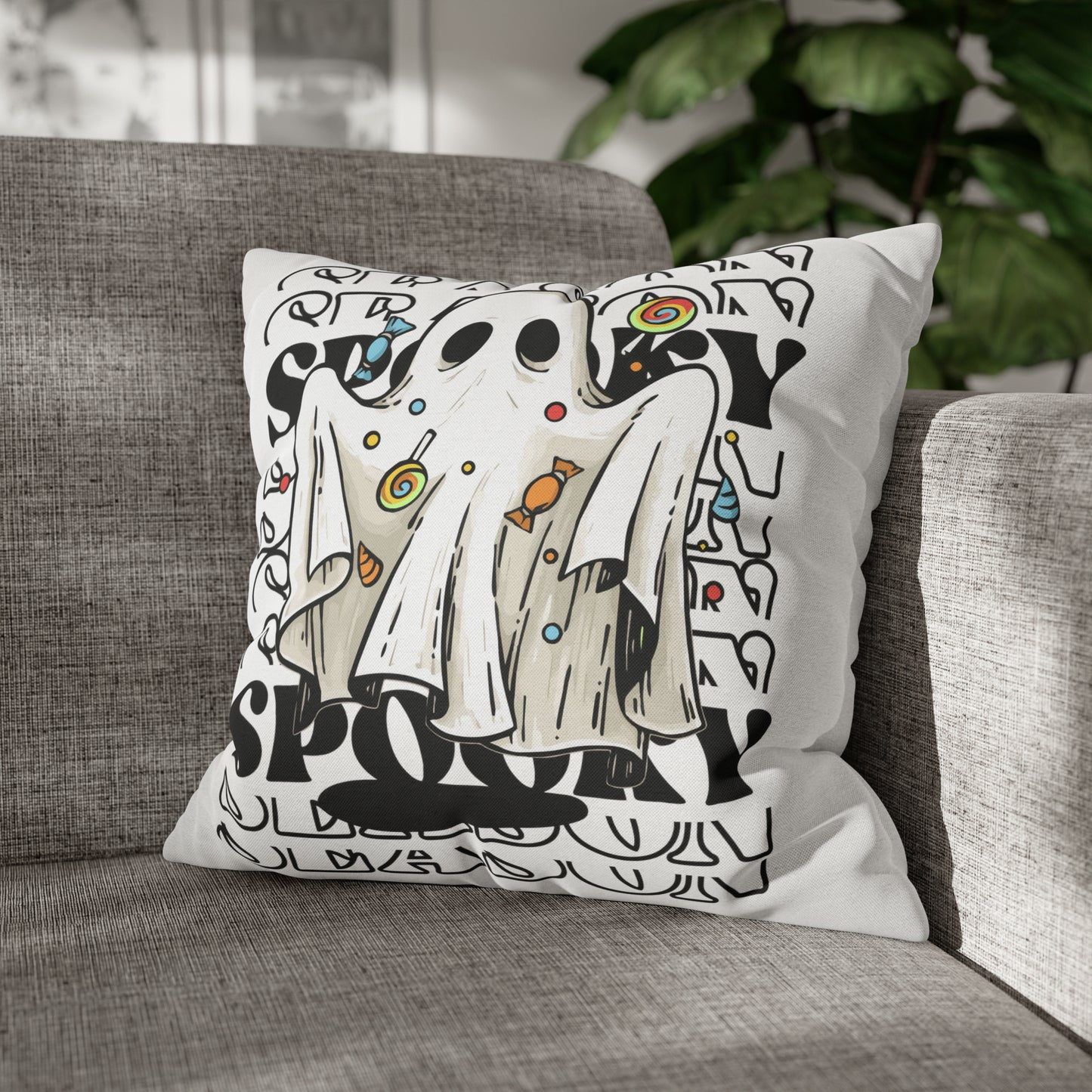 Funda de almohada cuadrada de poliéster hilado - Halloween - Pequeño fantasma - 05/07