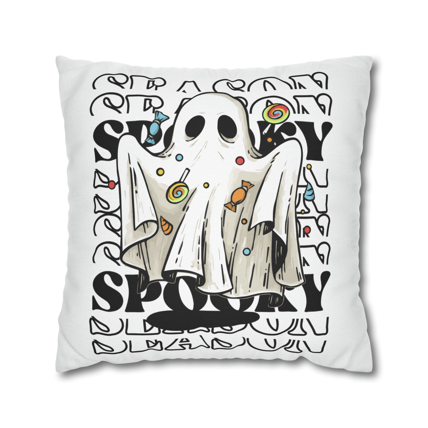 Funda de almohada cuadrada de poliéster hilado - Halloween - Pequeño fantasma - 05/07