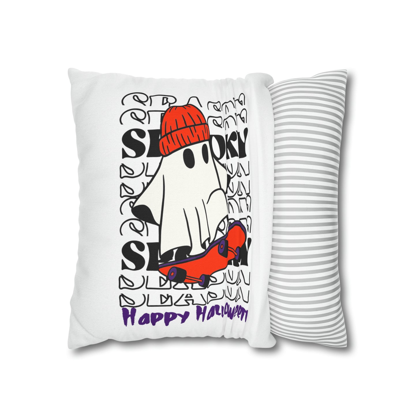Funda de almohada cuadrada de poliéster hilado - Halloween - Pequeño fantasma - 02/04