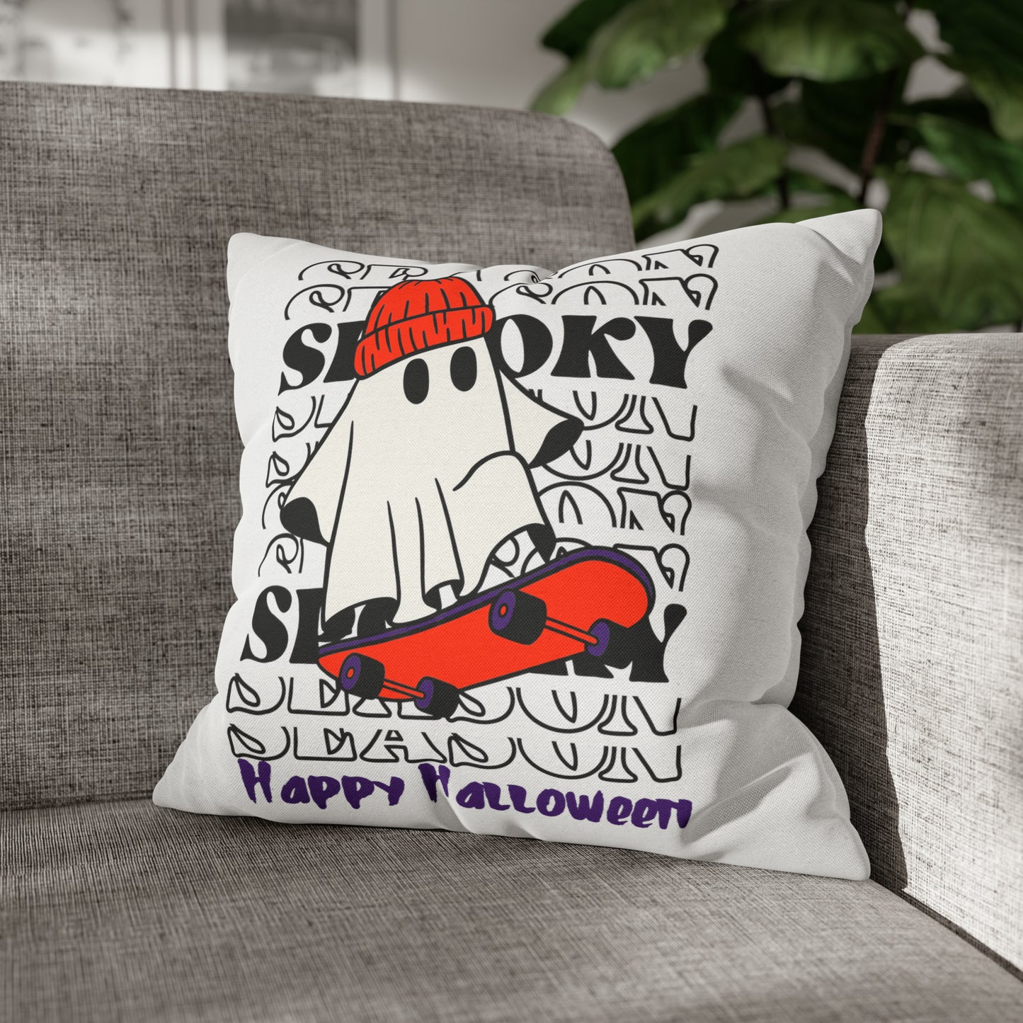 Funda de almohada cuadrada de poliéster hilado - Halloween - Pequeño fantasma - 02/04