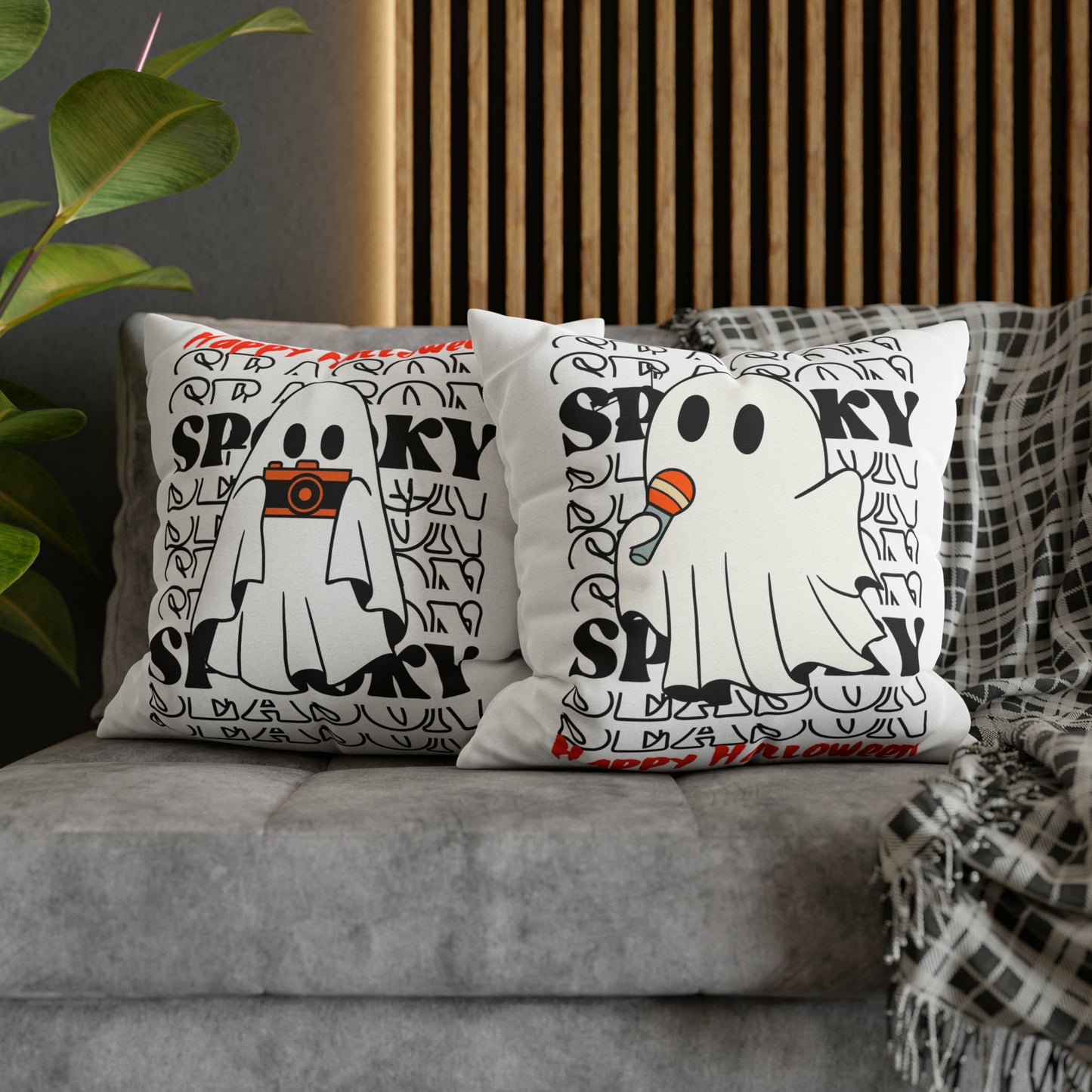 Funda de almohada cuadrada de poliéster hilado - Halloween - Pequeño fantasma - 08/06