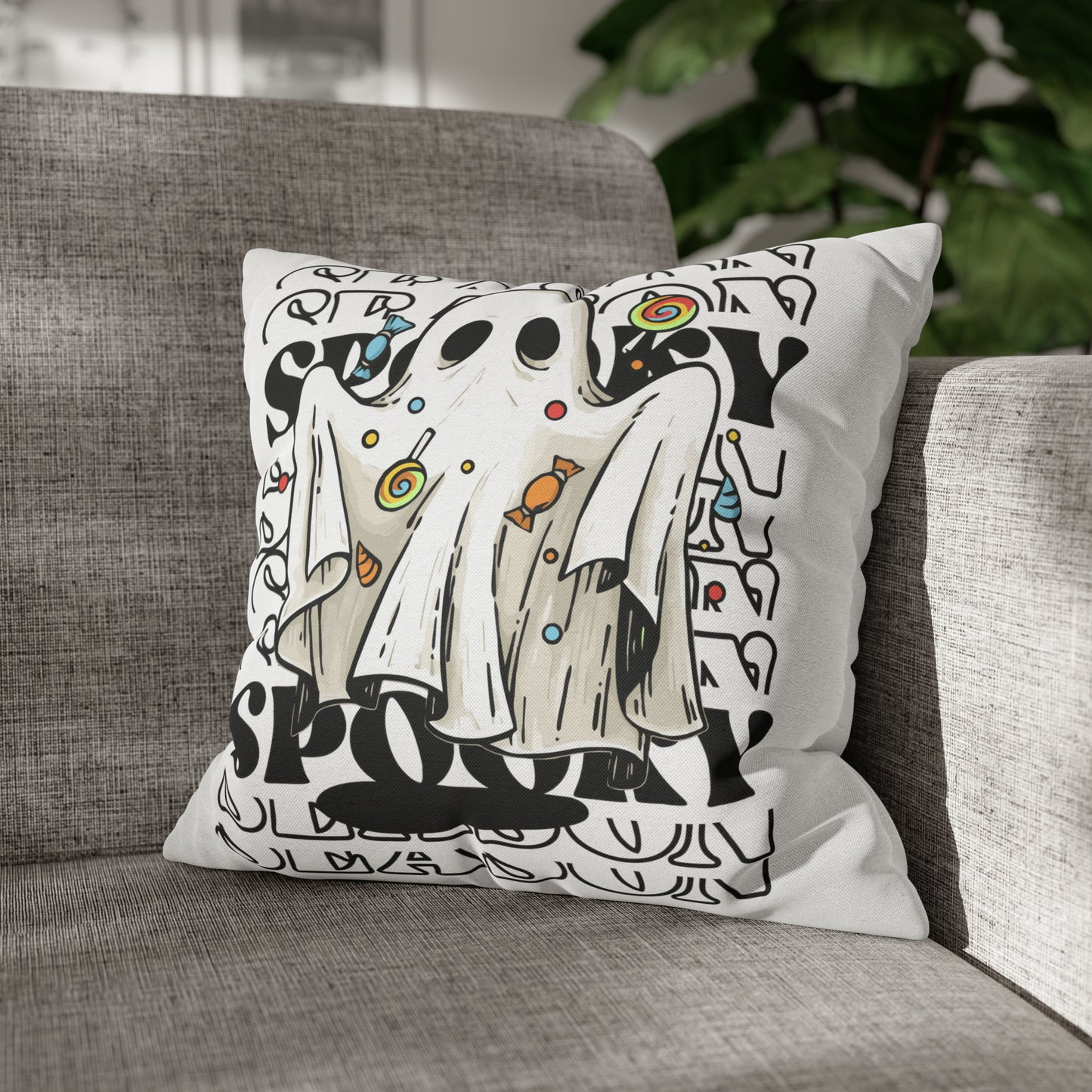 Funda de almohada cuadrada de poliéster hilado - Halloween - Pequeño fantasma - 05/07