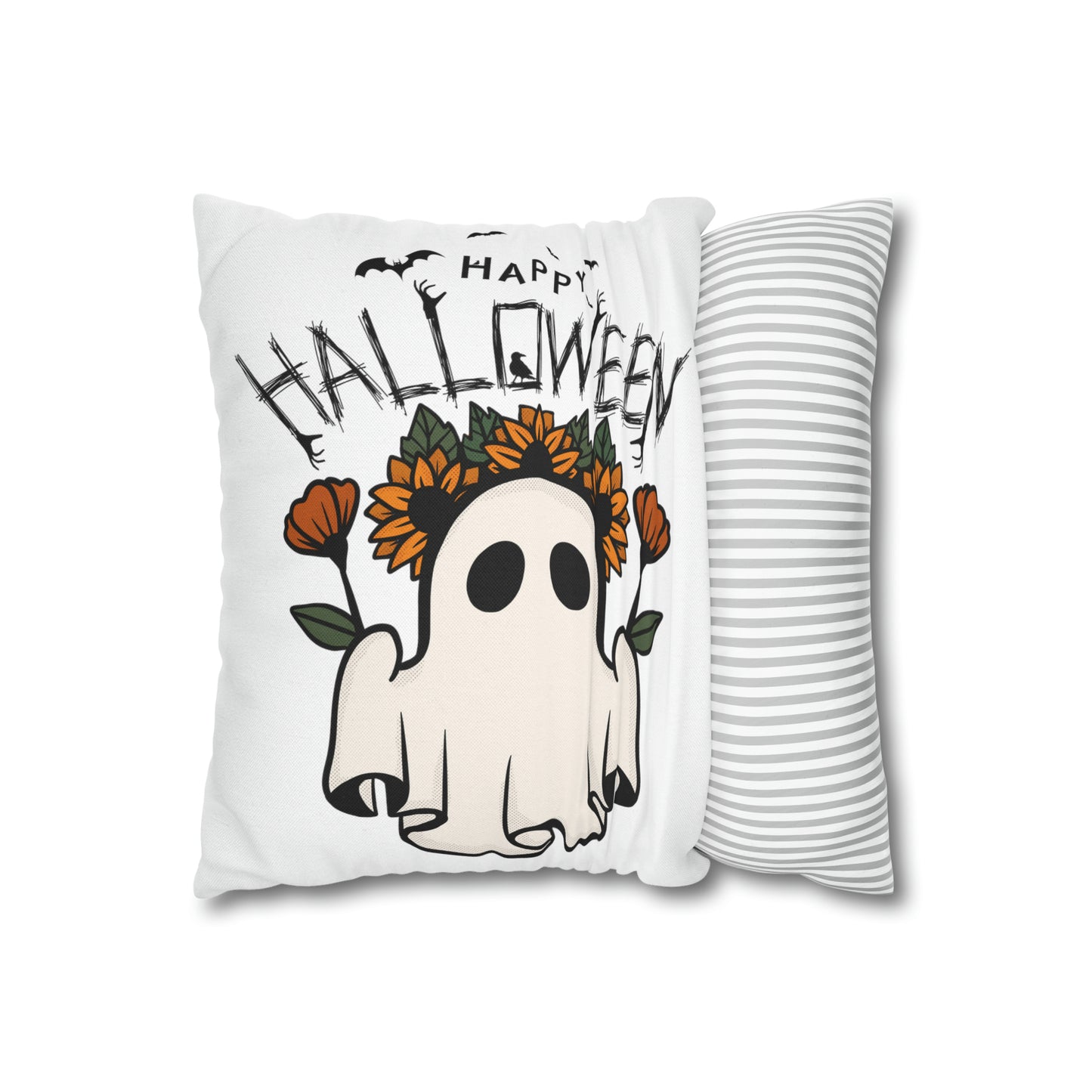 Funda de almohada cuadrada de poliéster hilado - Halloween - Pequeño fantasma - 01/03