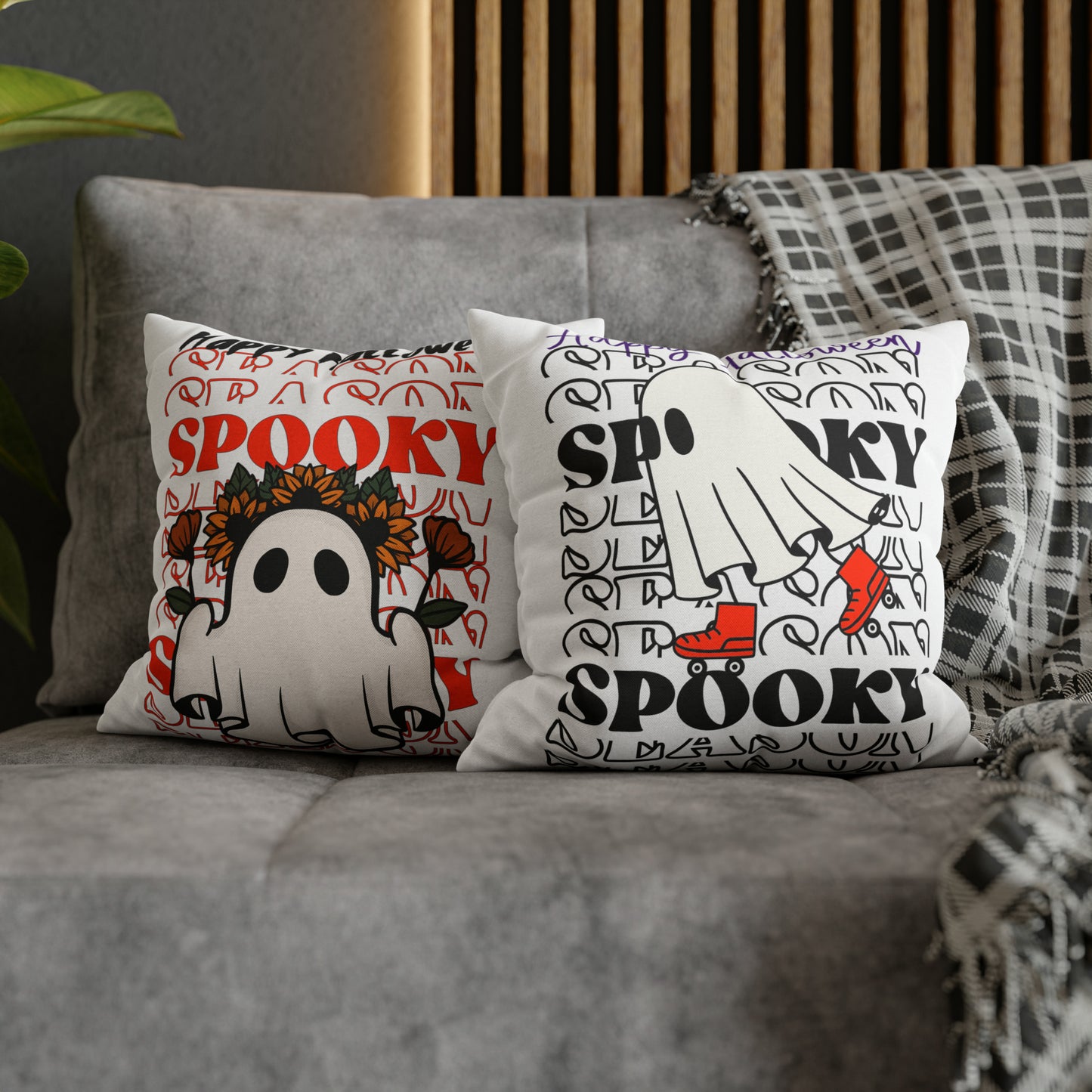 Funda de almohada cuadrada de poliéster hilado - Halloween - Pequeño fantasma - 10/11