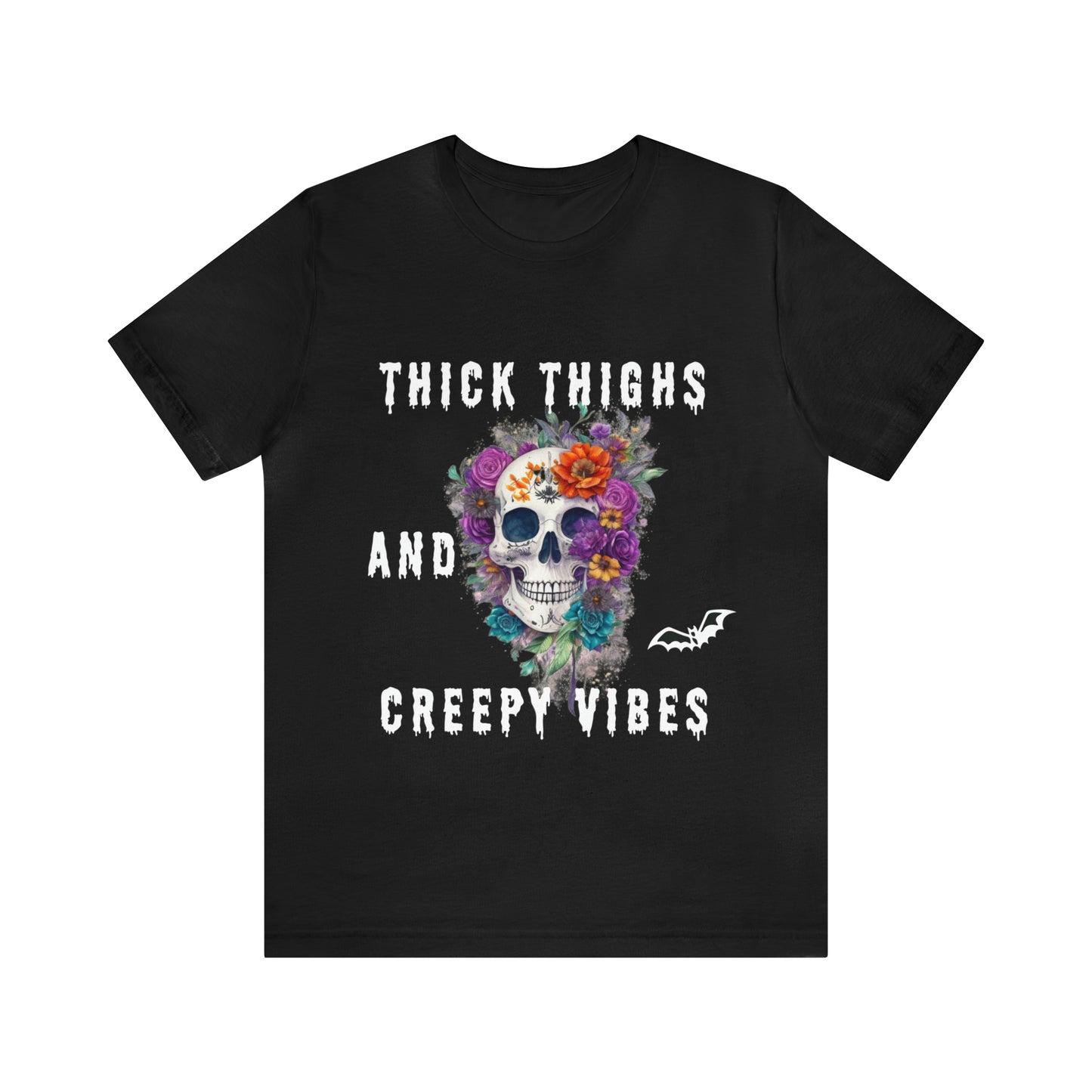 Tee-shirt à manches courtes en jersey unisexe - Crâne et fleurs d'Halloween