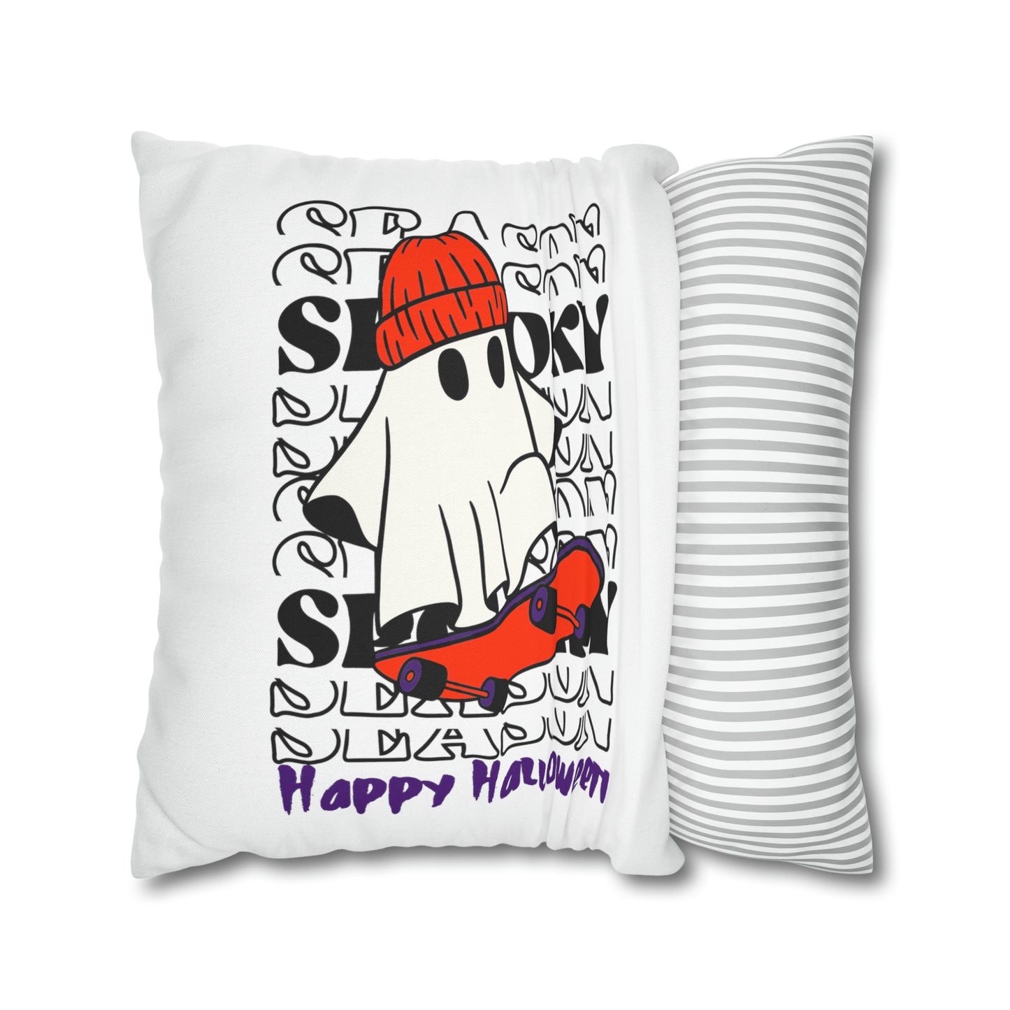 Funda de almohada cuadrada de poliéster hilado - Halloween - Pequeño fantasma - 02/04