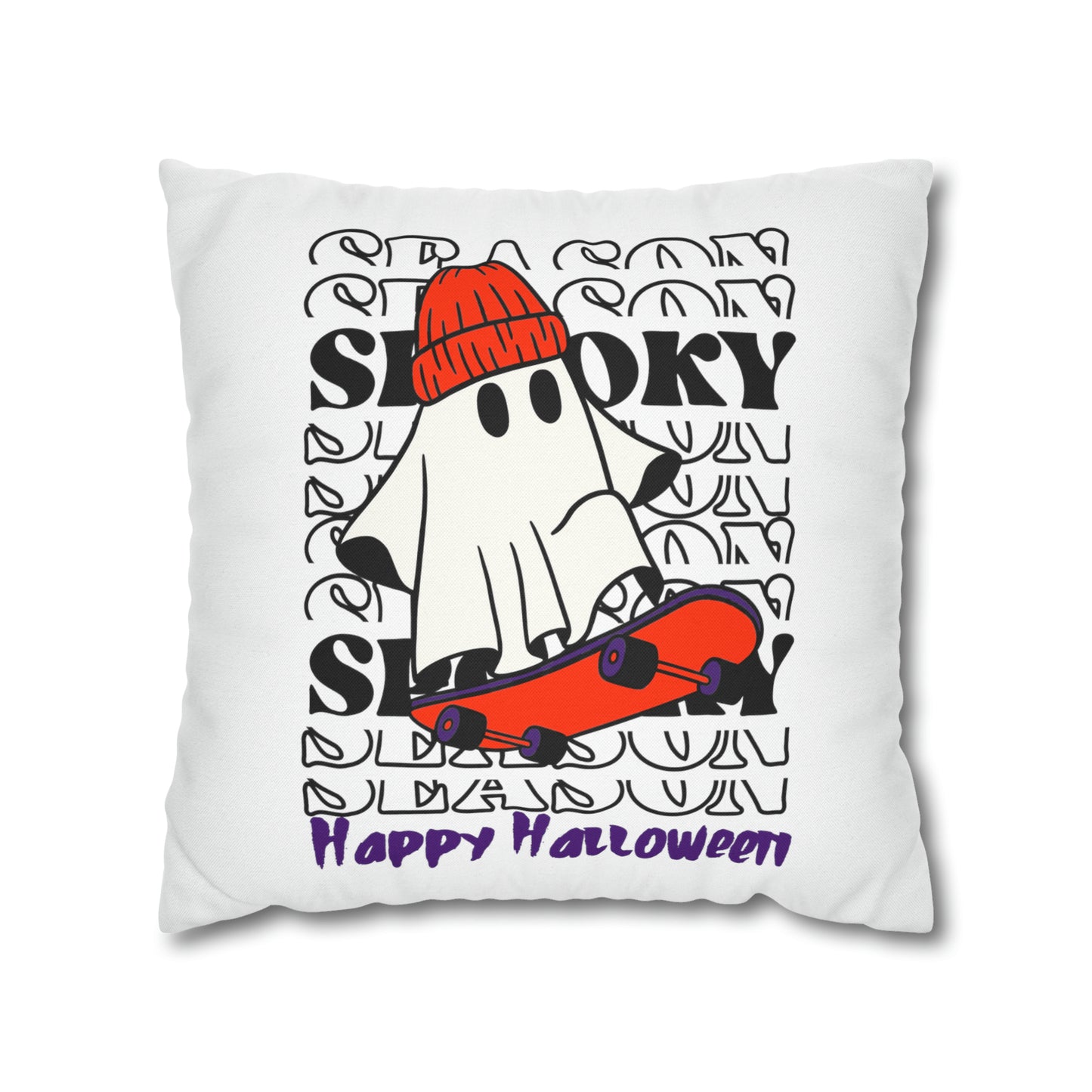 Funda de almohada cuadrada de poliéster hilado - Halloween - Pequeño fantasma - 02/04