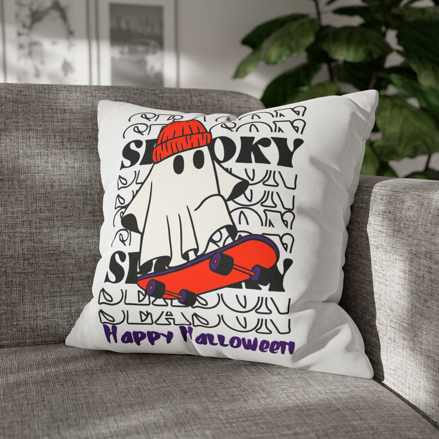 Funda de almohada cuadrada de poliéster hilado - Halloween - Pequeño fantasma - 02/04