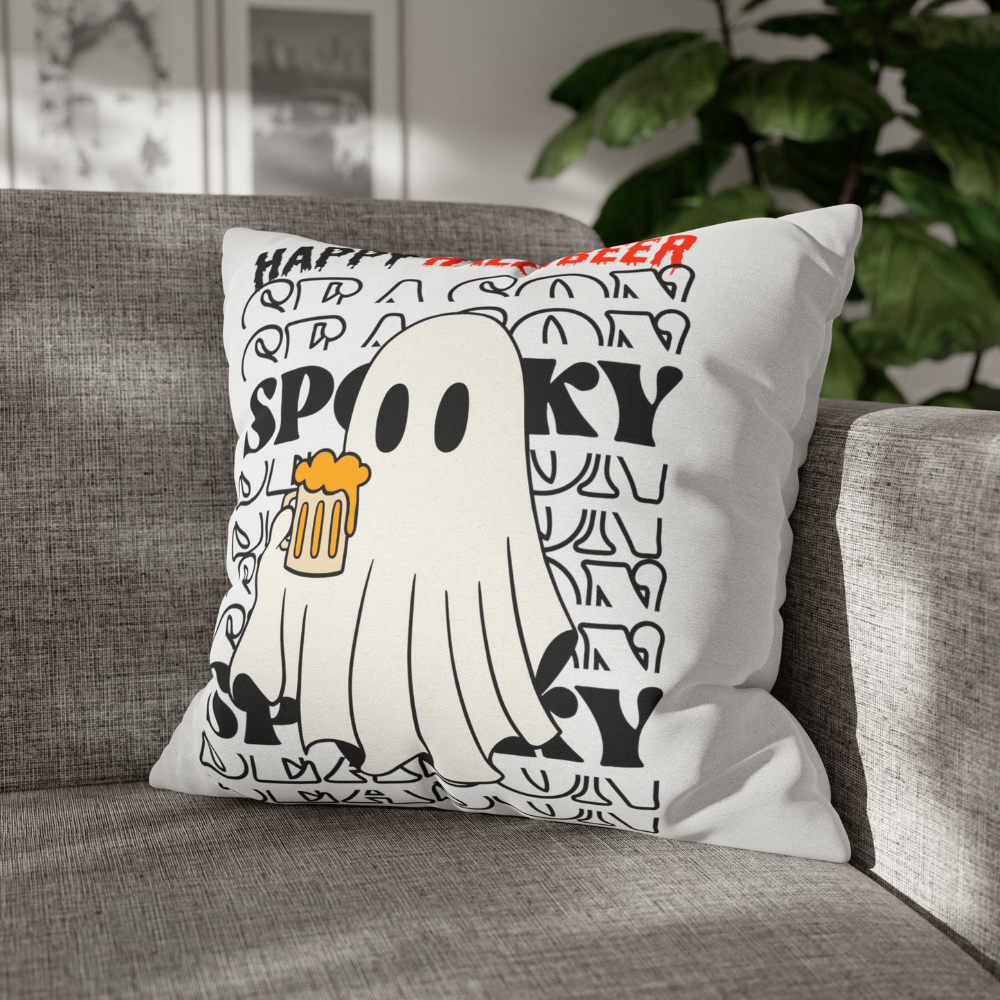 Funda de almohada cuadrada de poliéster hilado - Halloween - Pequeño fantasma - 01/03