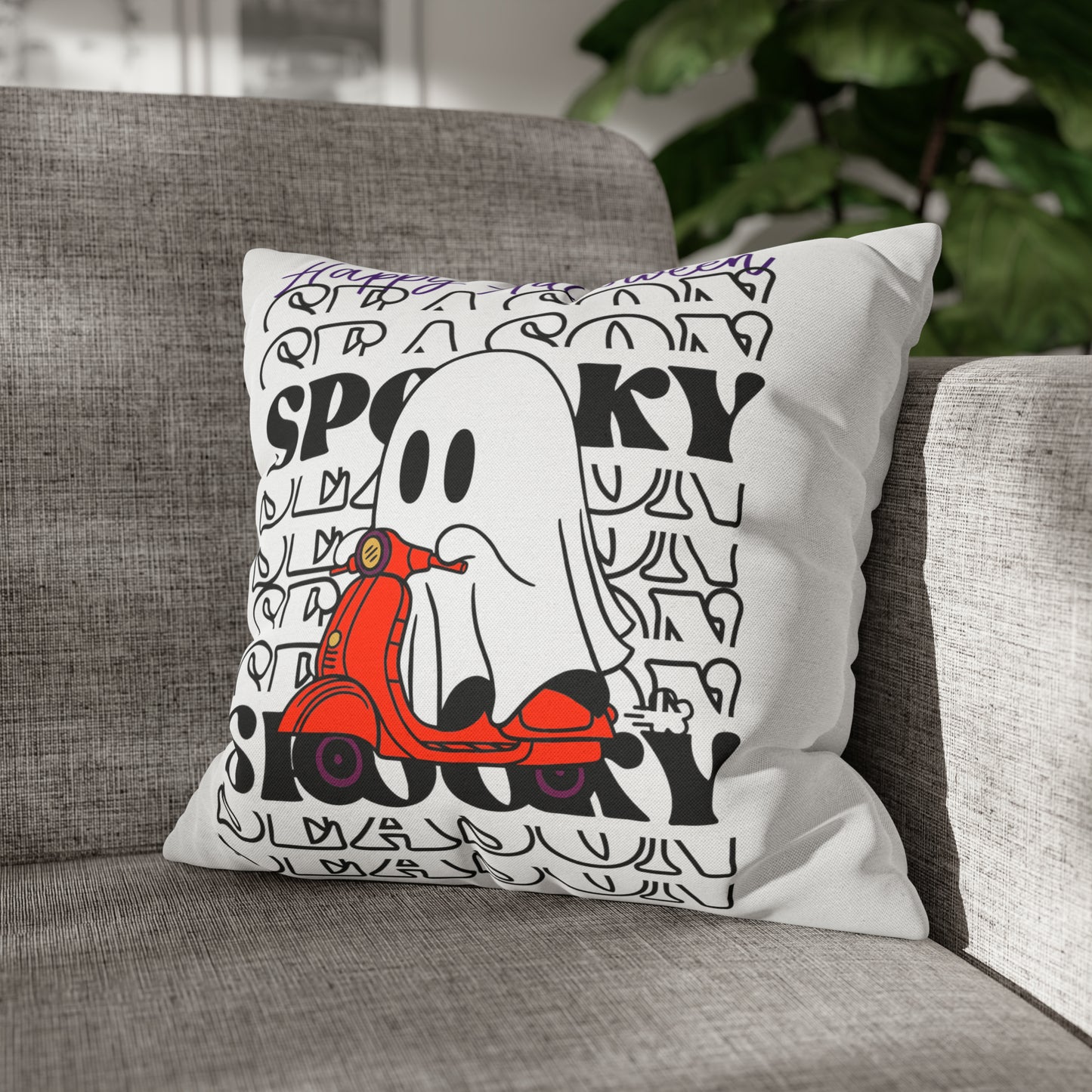 Funda de almohada cuadrada de poliéster hilado - Halloween - Pequeño fantasma - 09/04