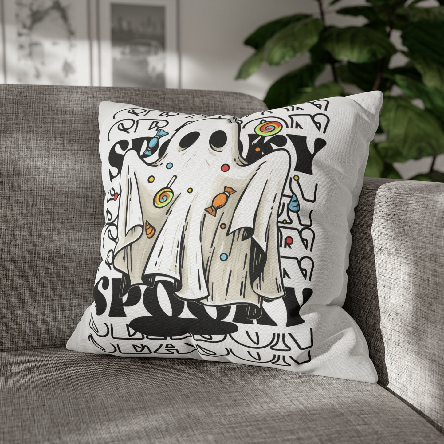 Funda de almohada cuadrada de poliéster hilado - Halloween - Pequeño fantasma - 05/07