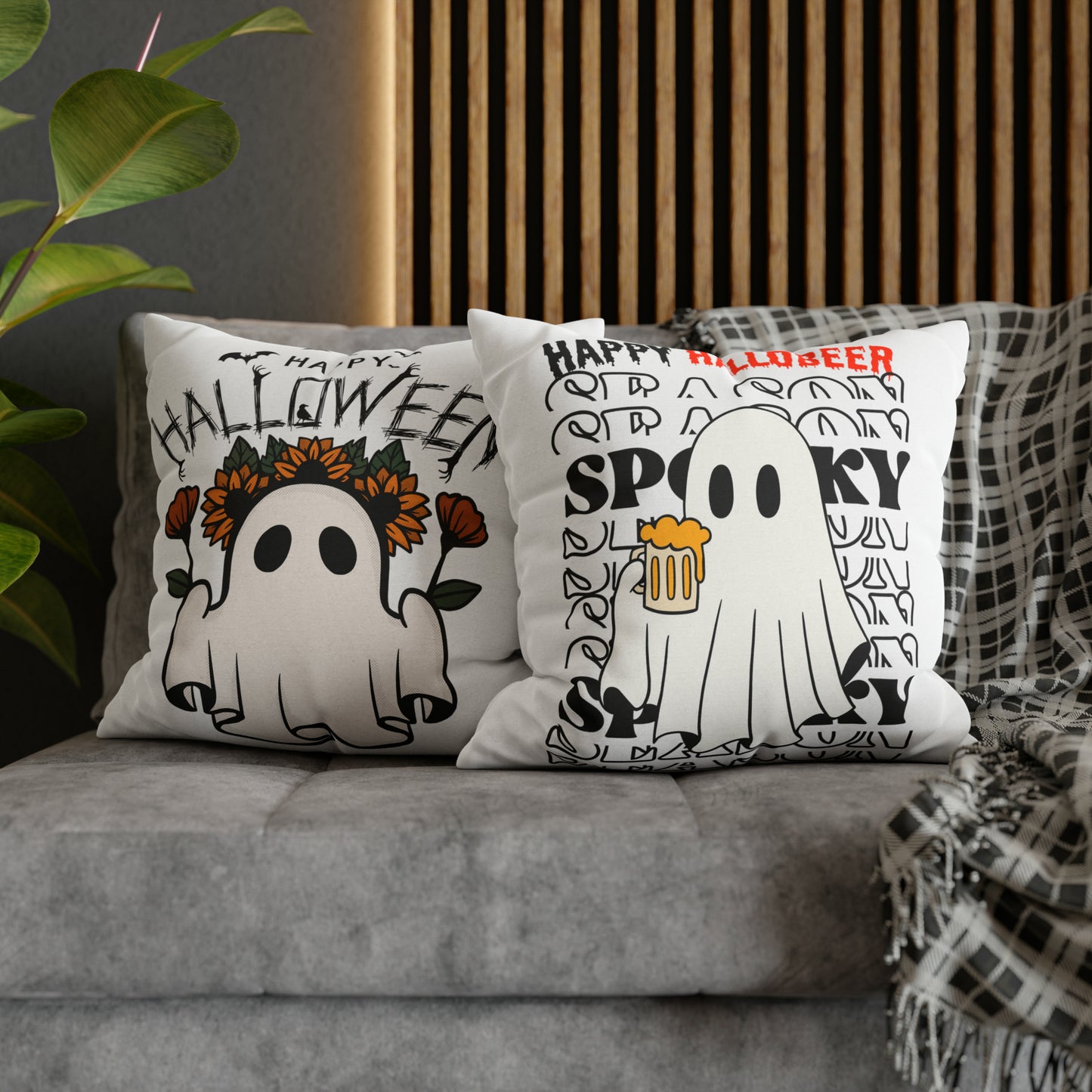 Funda de almohada cuadrada de poliéster hilado - Halloween - Pequeño fantasma - 01/03