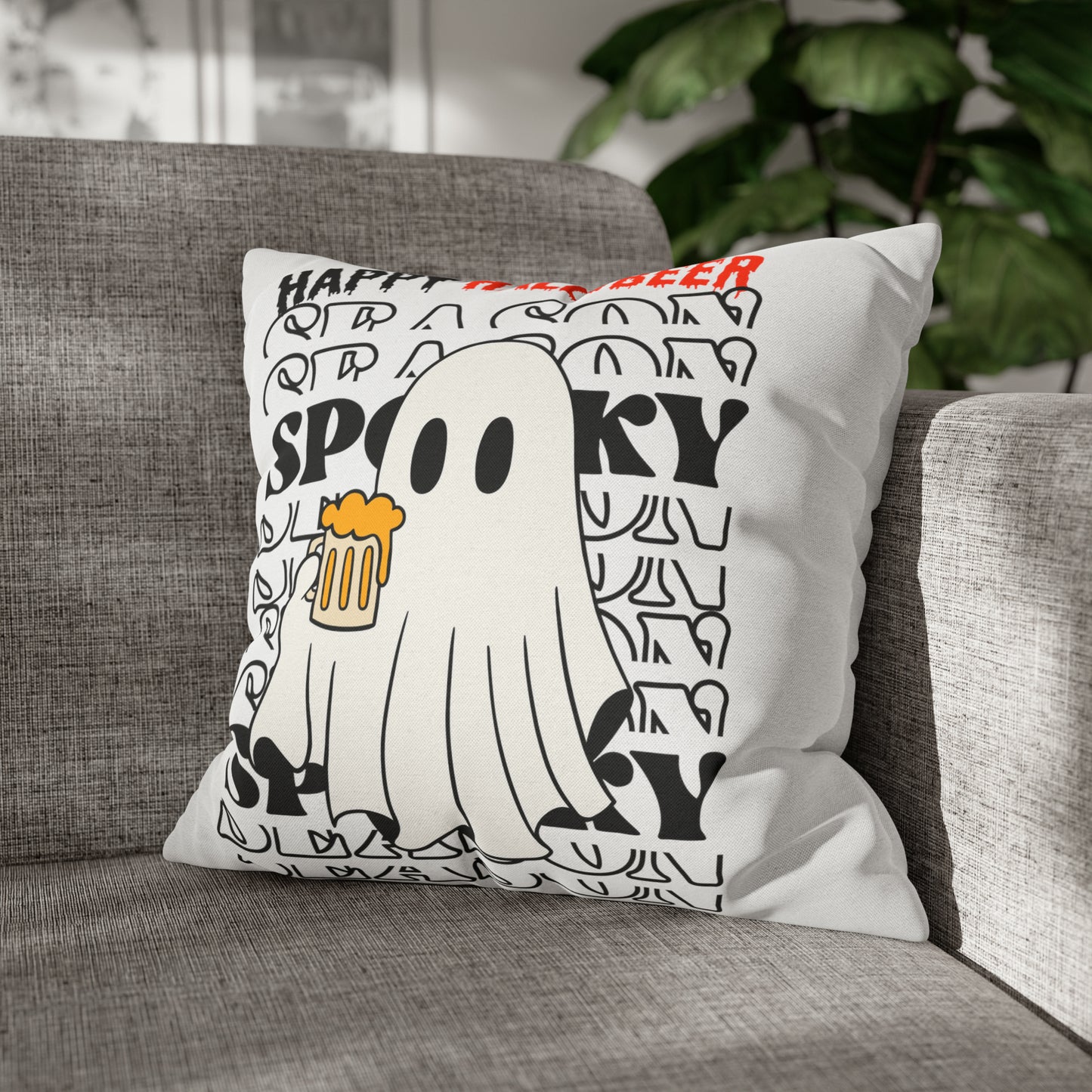 Funda de almohada cuadrada de poliéster hilado - Halloween - Pequeño fantasma - 01/03