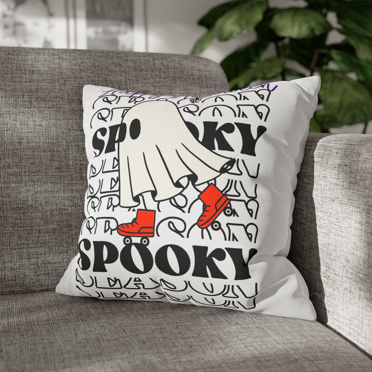 Funda de almohada cuadrada de poliéster hilado - Halloween - Pequeño fantasma - 10/11