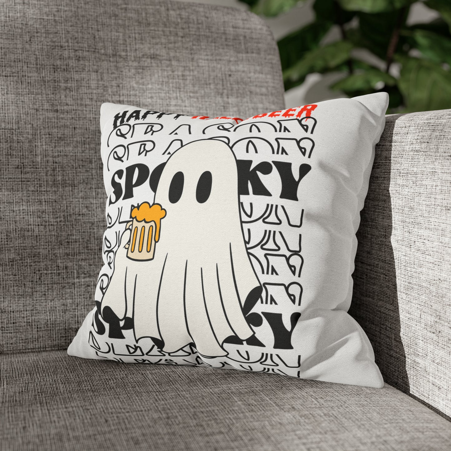 Funda de almohada cuadrada de poliéster hilado - Halloween - Pequeño fantasma - 01/03