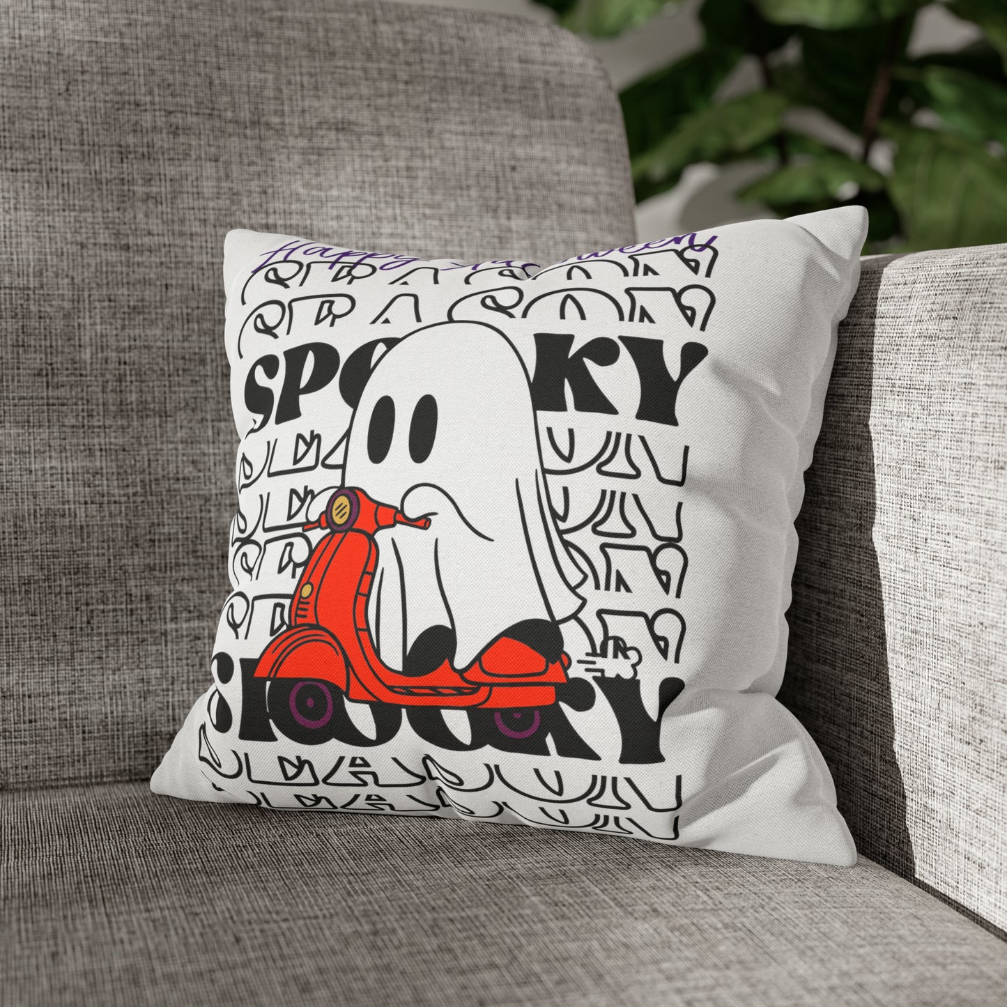 Funda de almohada cuadrada de poliéster hilado - Halloween - Pequeño fantasma - 09/04