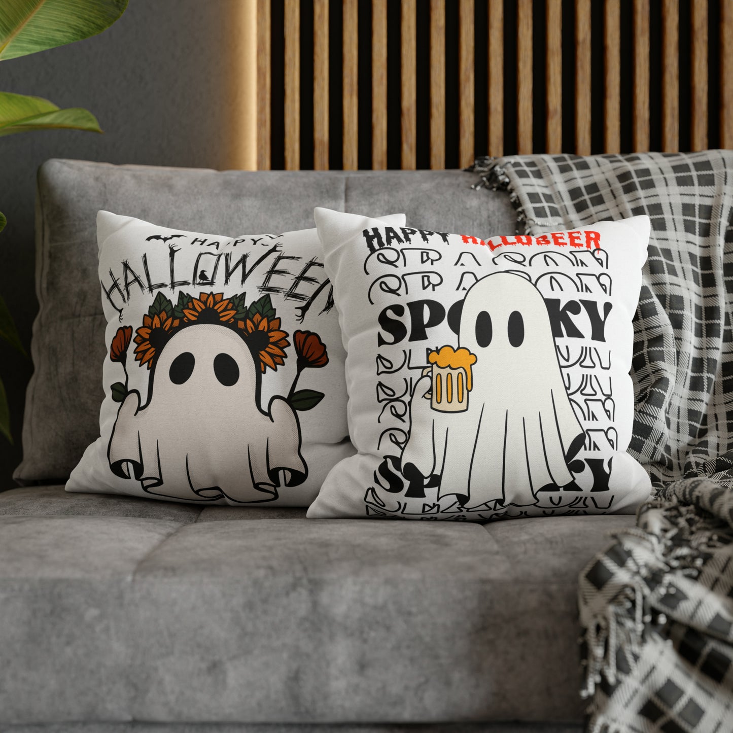 Funda de almohada cuadrada de poliéster hilado - Halloween - Pequeño fantasma - 01/03