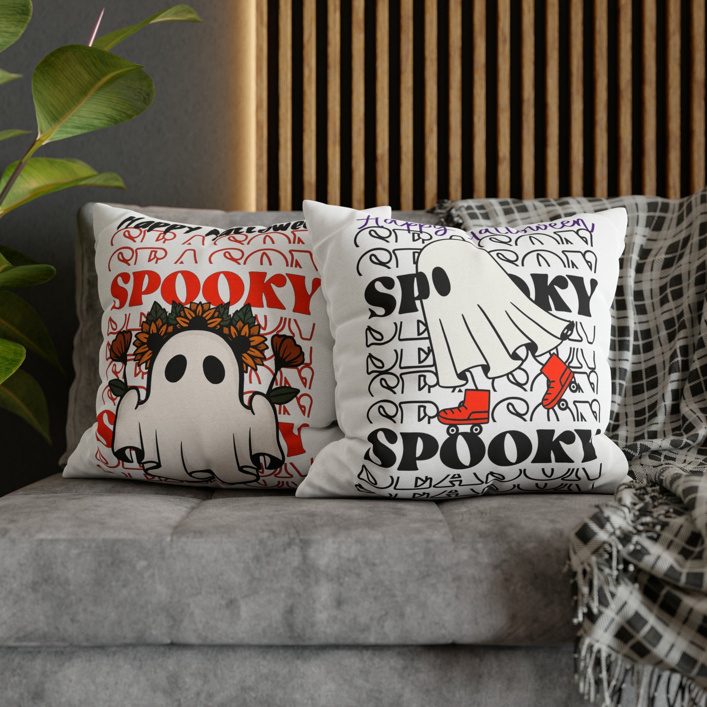 Funda de almohada cuadrada de poliéster hilado - Halloween - Pequeño fantasma - 10/11