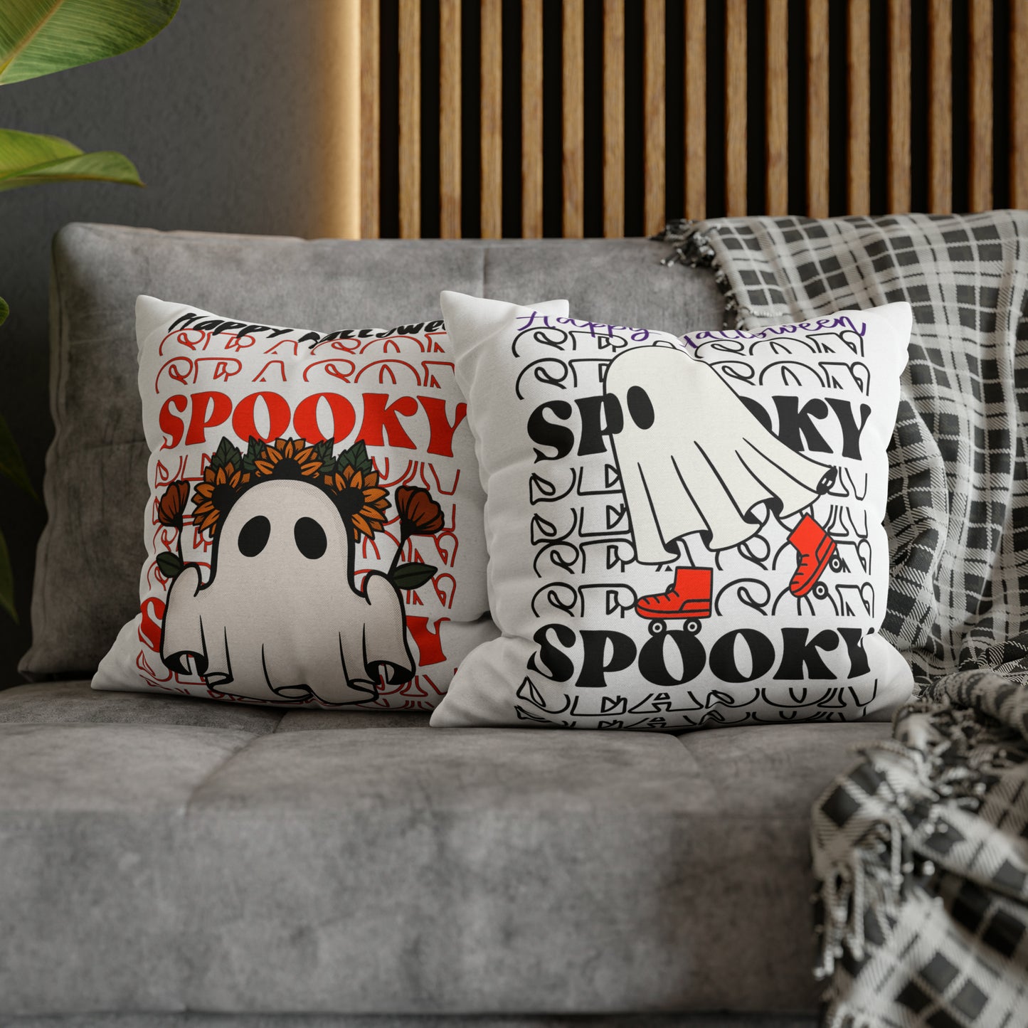 Funda de almohada cuadrada de poliéster hilado - Halloween - Pequeño fantasma - 10/11