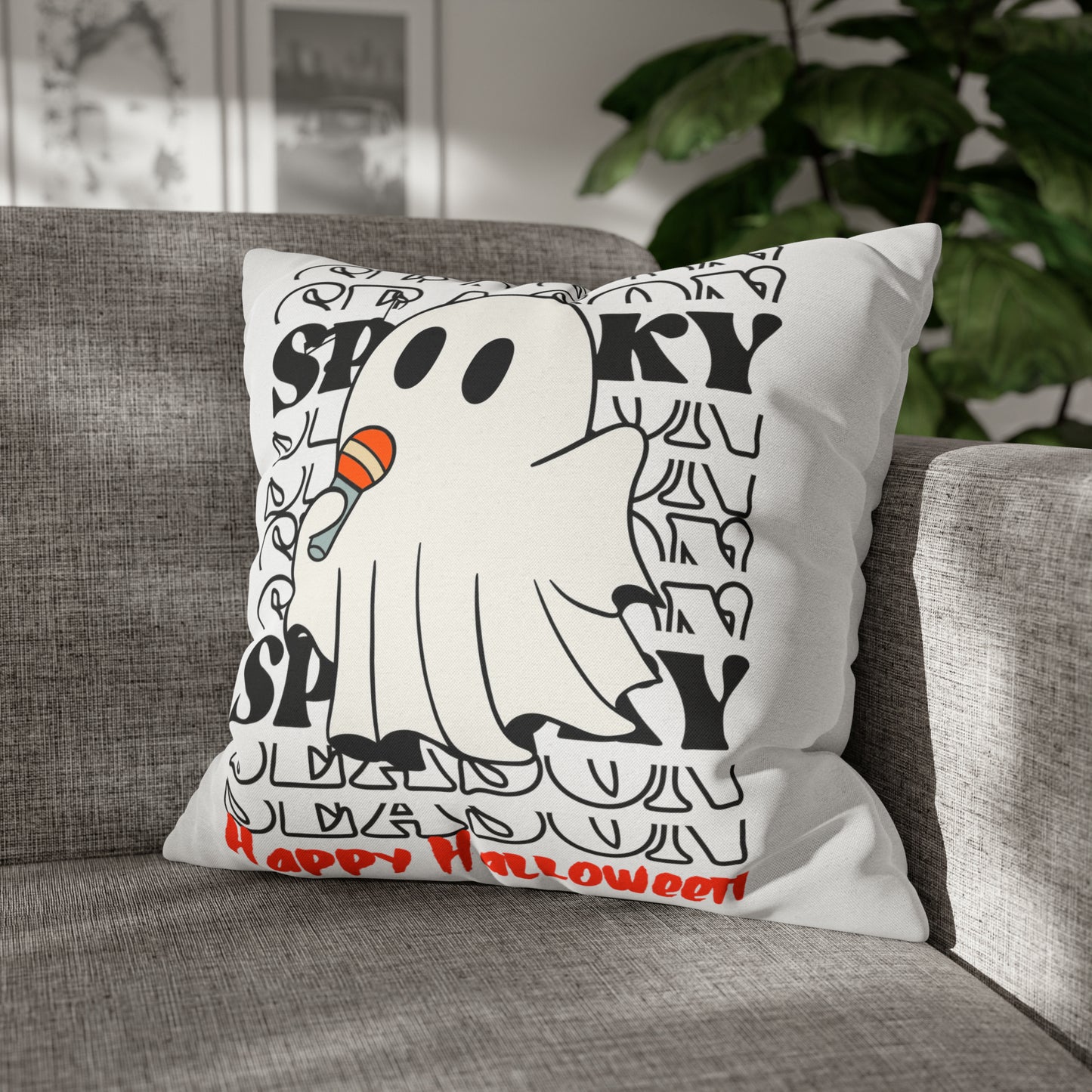 Funda de almohada cuadrada de poliéster hilado - Halloween - Pequeño fantasma - 08/06