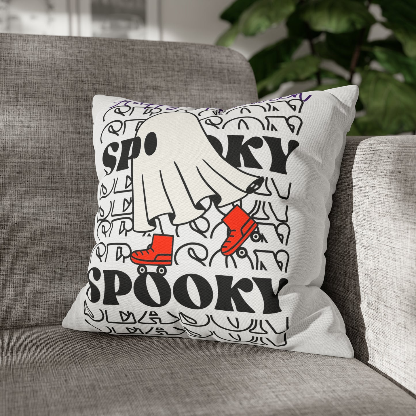 Funda de almohada cuadrada de poliéster hilado - Halloween - Pequeño fantasma - 10/11