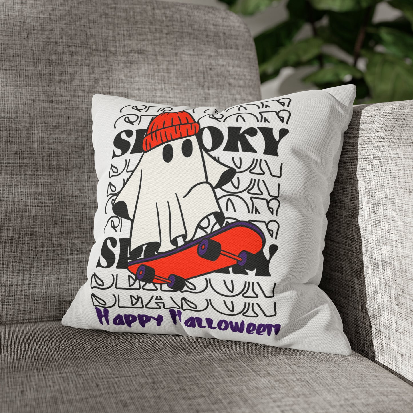 Funda de almohada cuadrada de poliéster hilado - Halloween - Pequeño fantasma - 02/04
