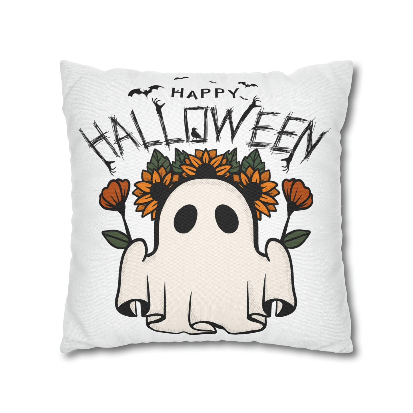 Funda de almohada cuadrada de poliéster hilado - Halloween - Pequeño fantasma - 01/03
