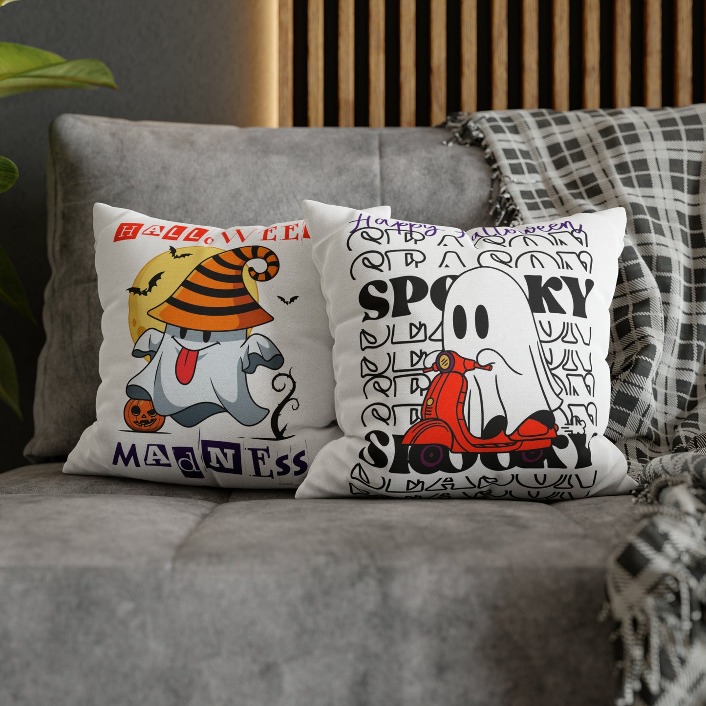 Funda de almohada cuadrada de poliéster hilado - Halloween - Pequeño fantasma - 09/04