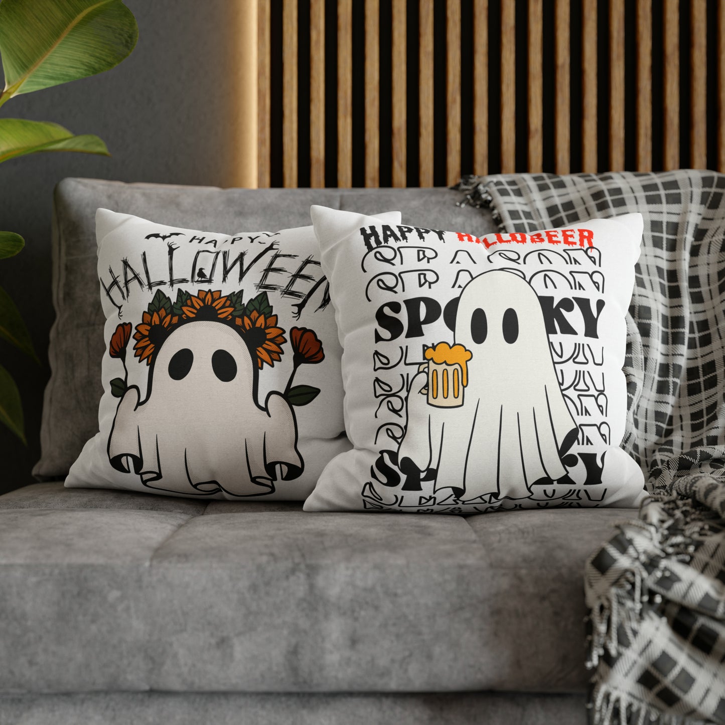 Funda de almohada cuadrada de poliéster hilado - Halloween - Pequeño fantasma - 01/03