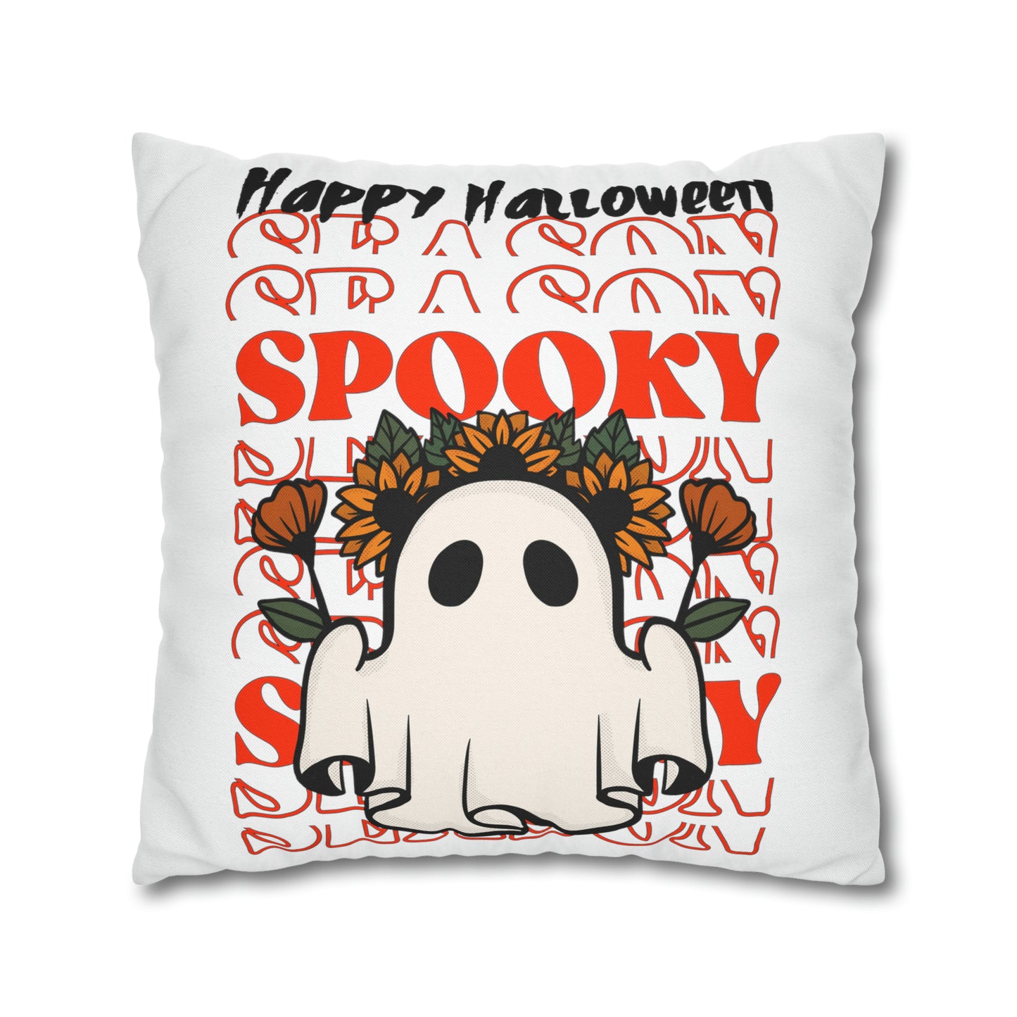 Funda de almohada cuadrada de poliéster hilado - Halloween - Pequeño fantasma - 10/11