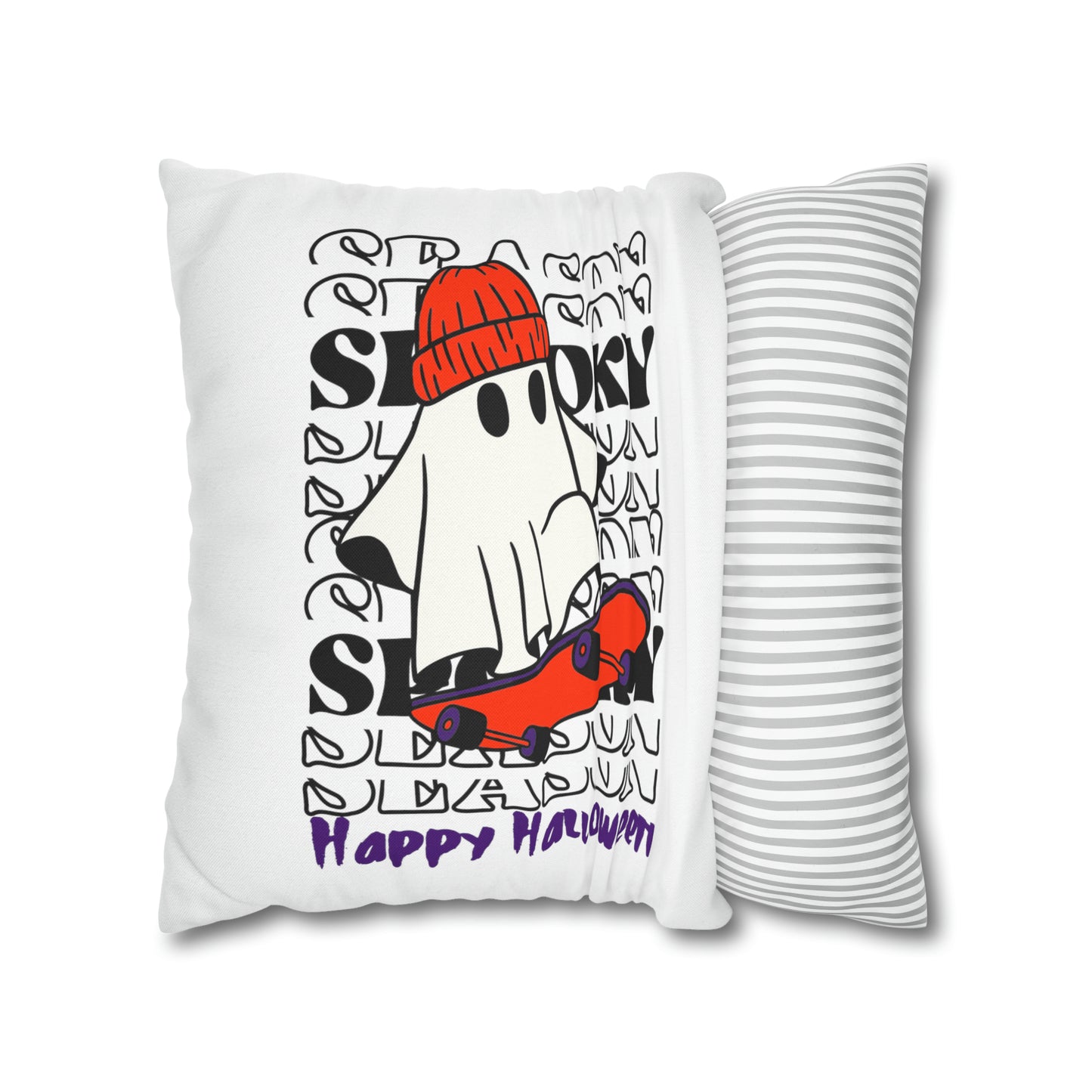 Funda de almohada cuadrada de poliéster hilado - Halloween - Pequeño fantasma - 02/04