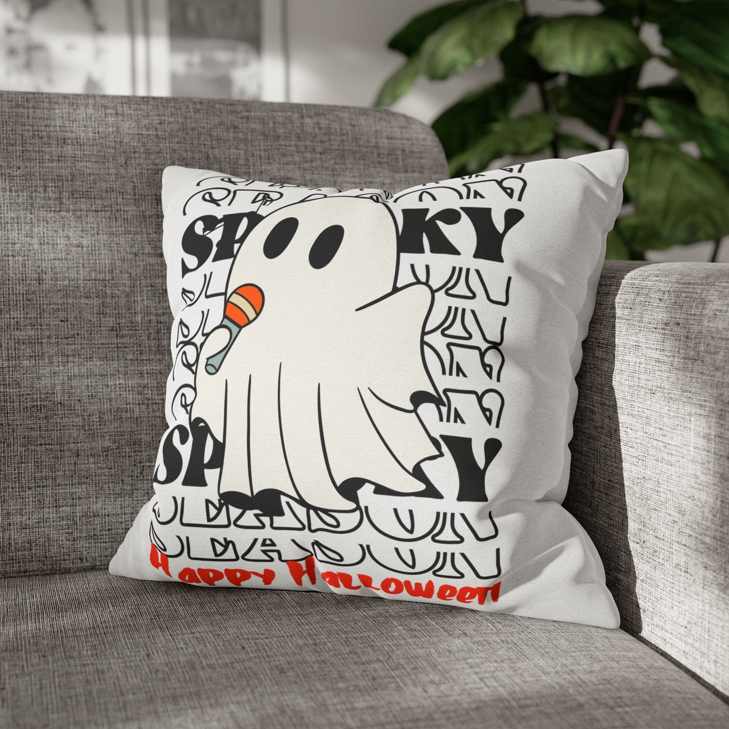 Funda de almohada cuadrada de poliéster hilado - Halloween - Pequeño fantasma - 08/06
