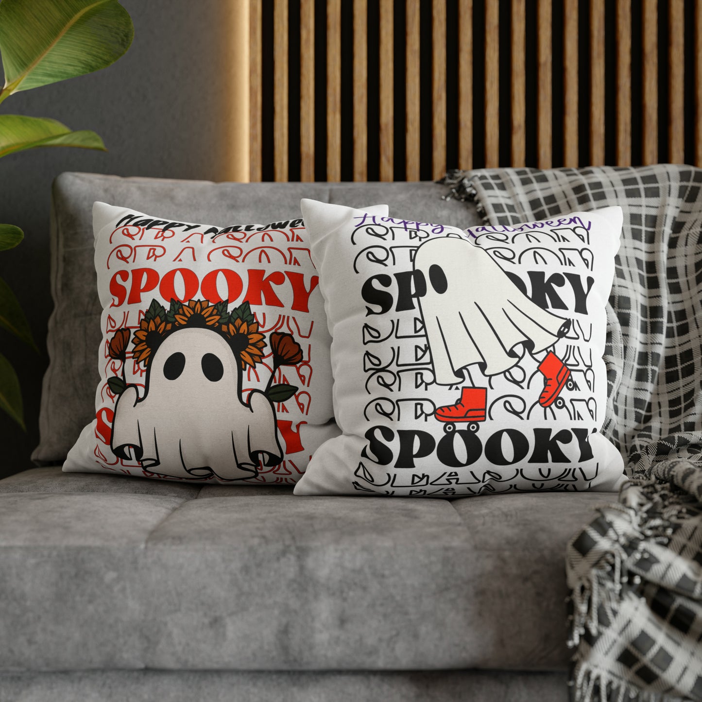 Funda de almohada cuadrada de poliéster hilado - Halloween - Pequeño fantasma - 10/11