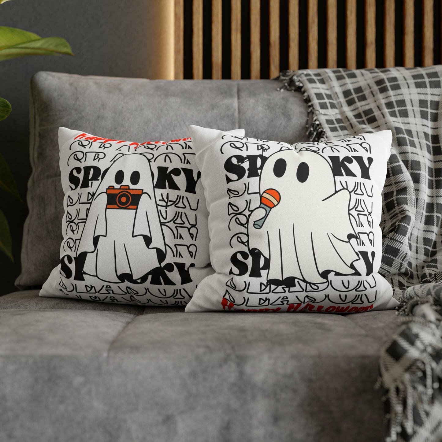 Funda de almohada cuadrada de poliéster hilado - Halloween - Pequeño fantasma - 08/06