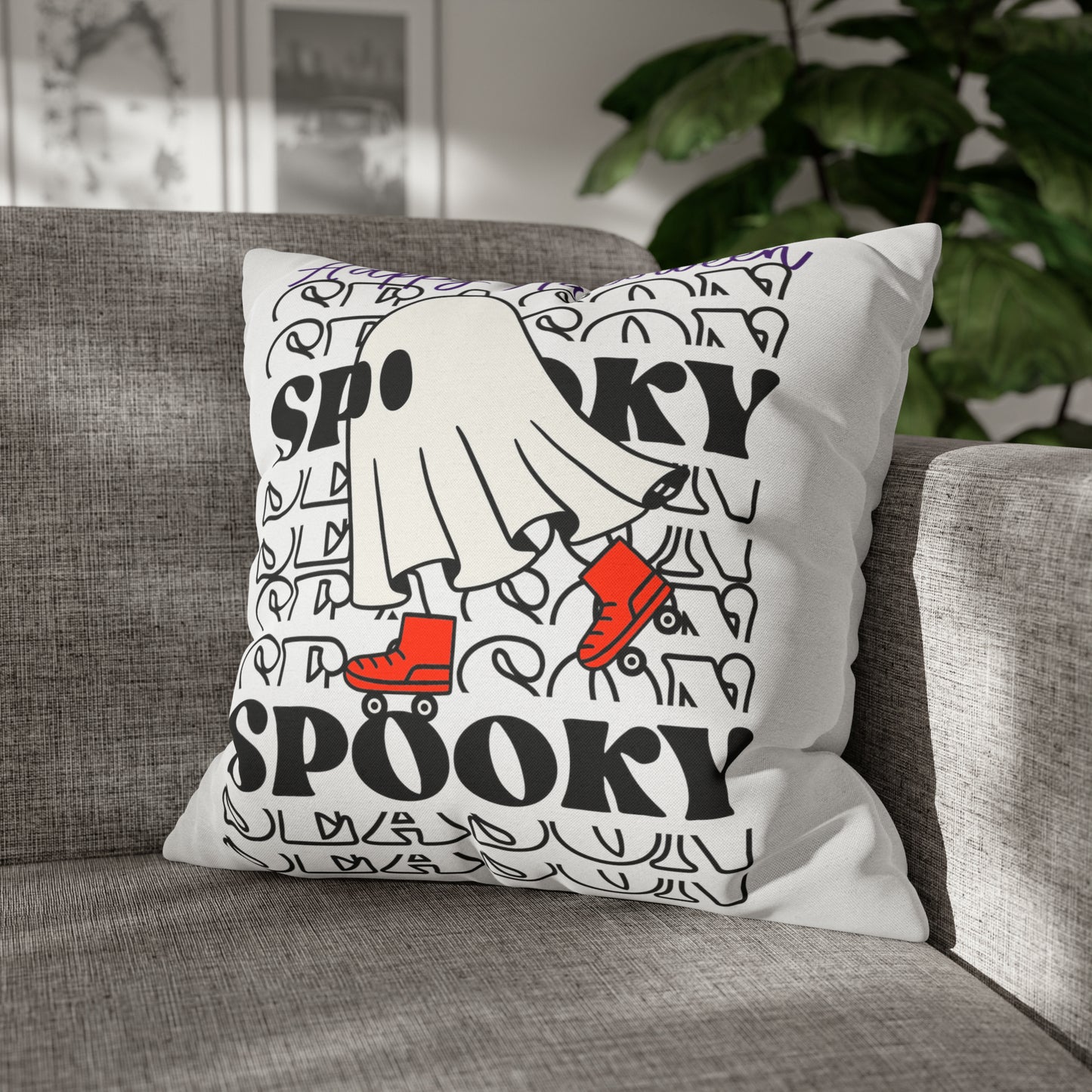 Funda de almohada cuadrada de poliéster hilado - Halloween - Pequeño fantasma - 10/11
