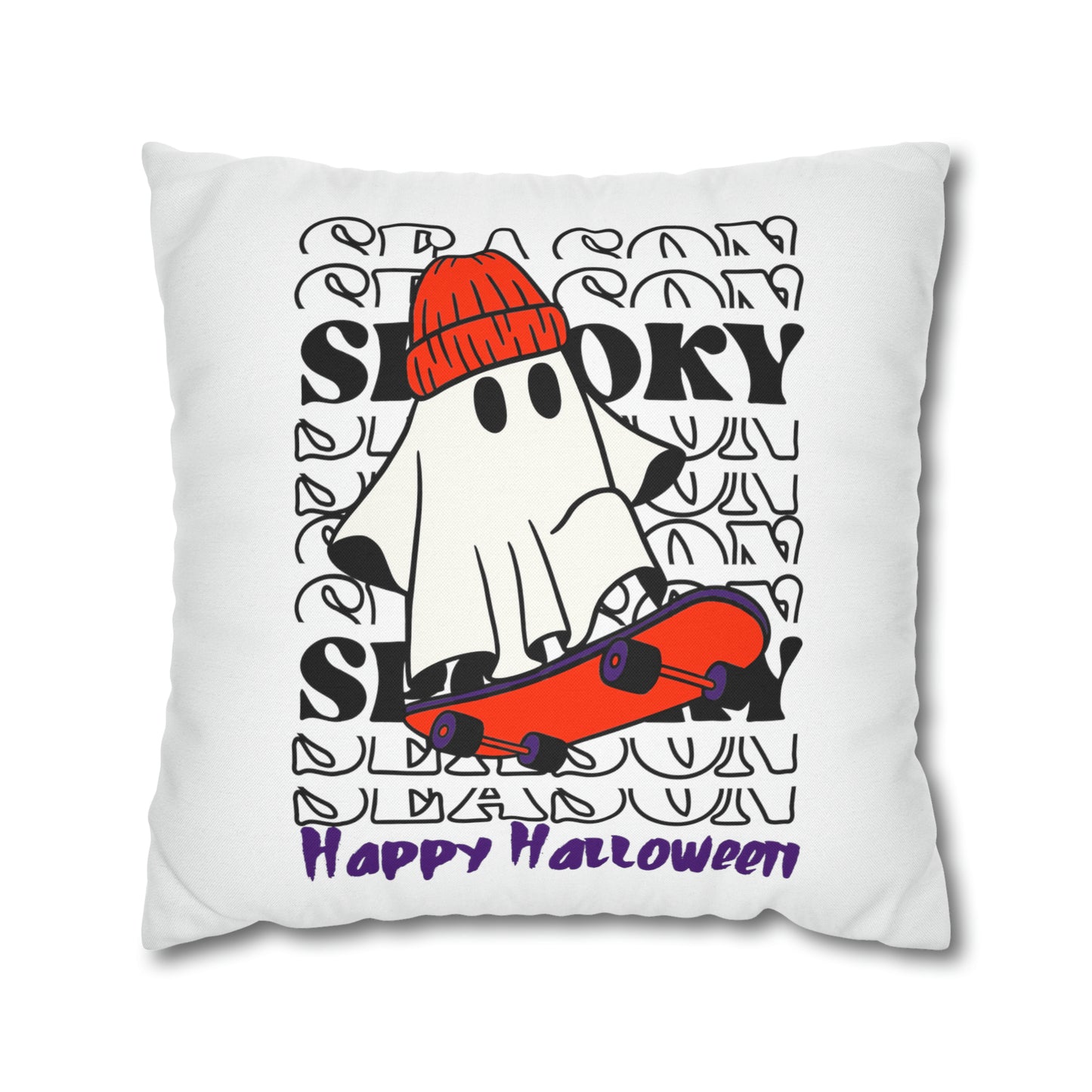 Funda de almohada cuadrada de poliéster hilado - Halloween - Pequeño fantasma - 02/04