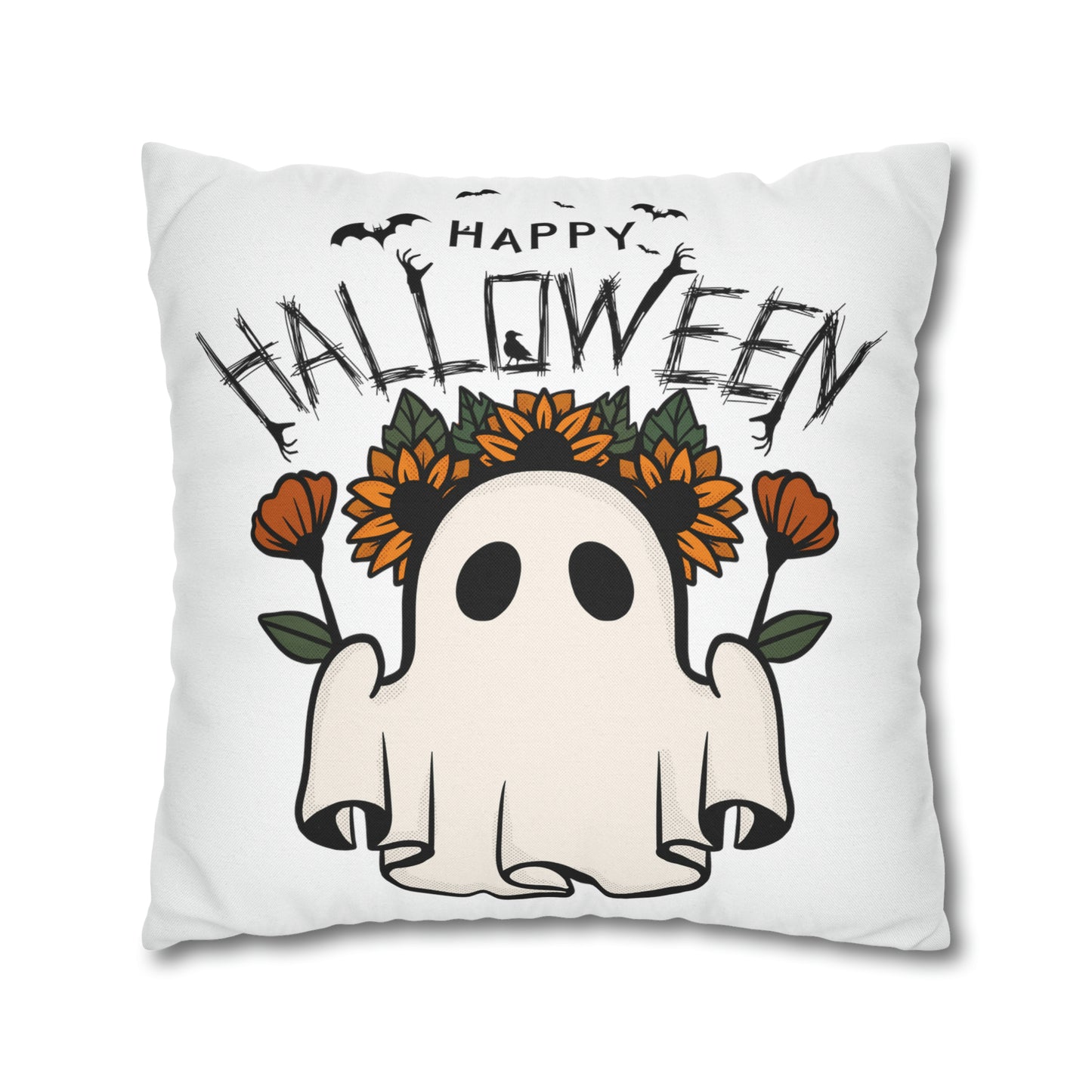 Funda de almohada cuadrada de poliéster hilado - Halloween - Pequeño fantasma - 01/03