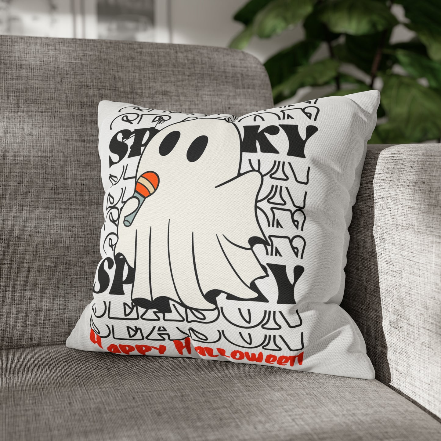 Funda de almohada cuadrada de poliéster hilado - Halloween - Pequeño fantasma - 08/06