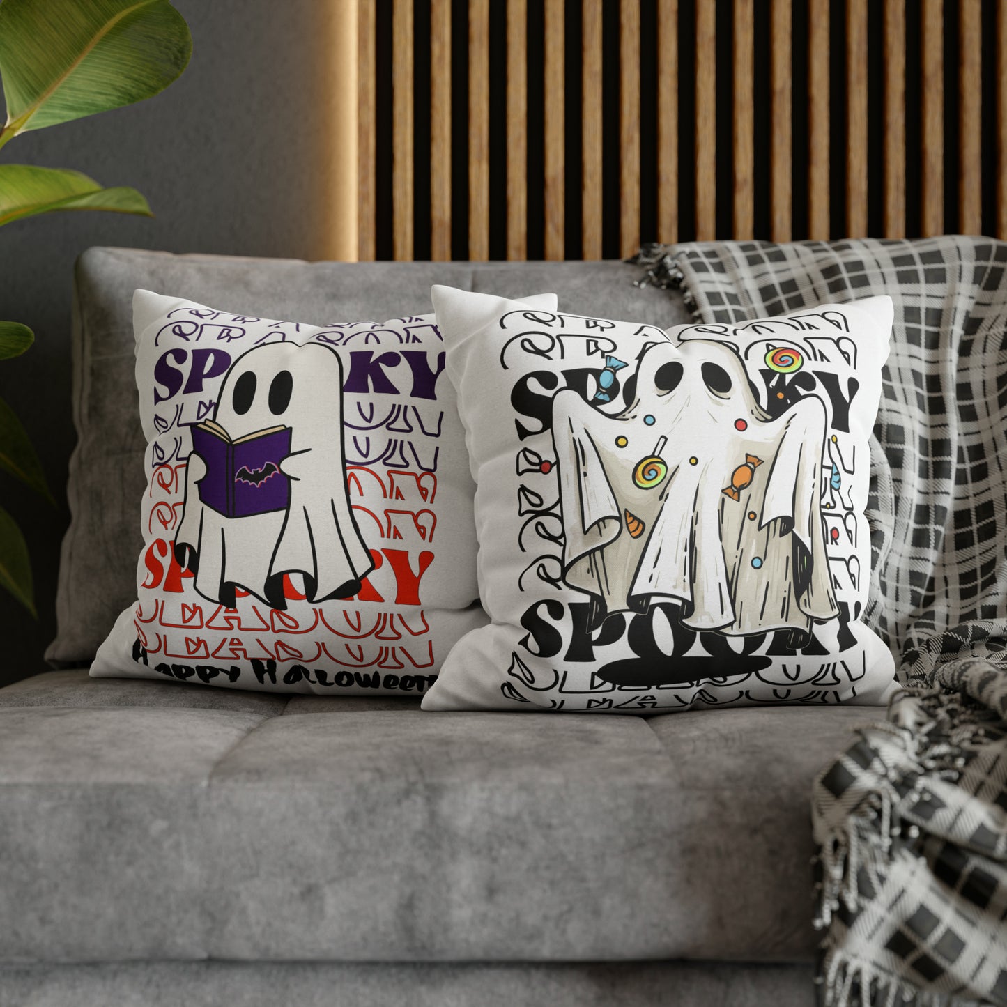 Funda de almohada cuadrada de poliéster hilado - Halloween - Pequeño fantasma - 05/07