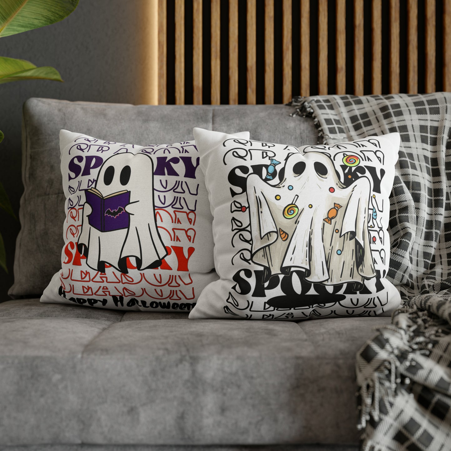 Funda de almohada cuadrada de poliéster hilado - Halloween - Pequeño fantasma - 05/07