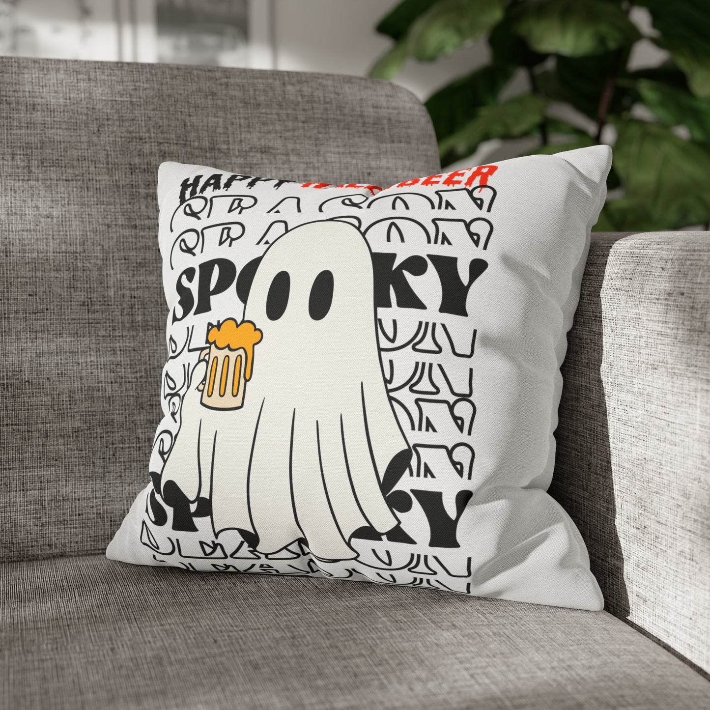 Funda de almohada cuadrada de poliéster hilado - Halloween - Pequeño fantasma - 01/03