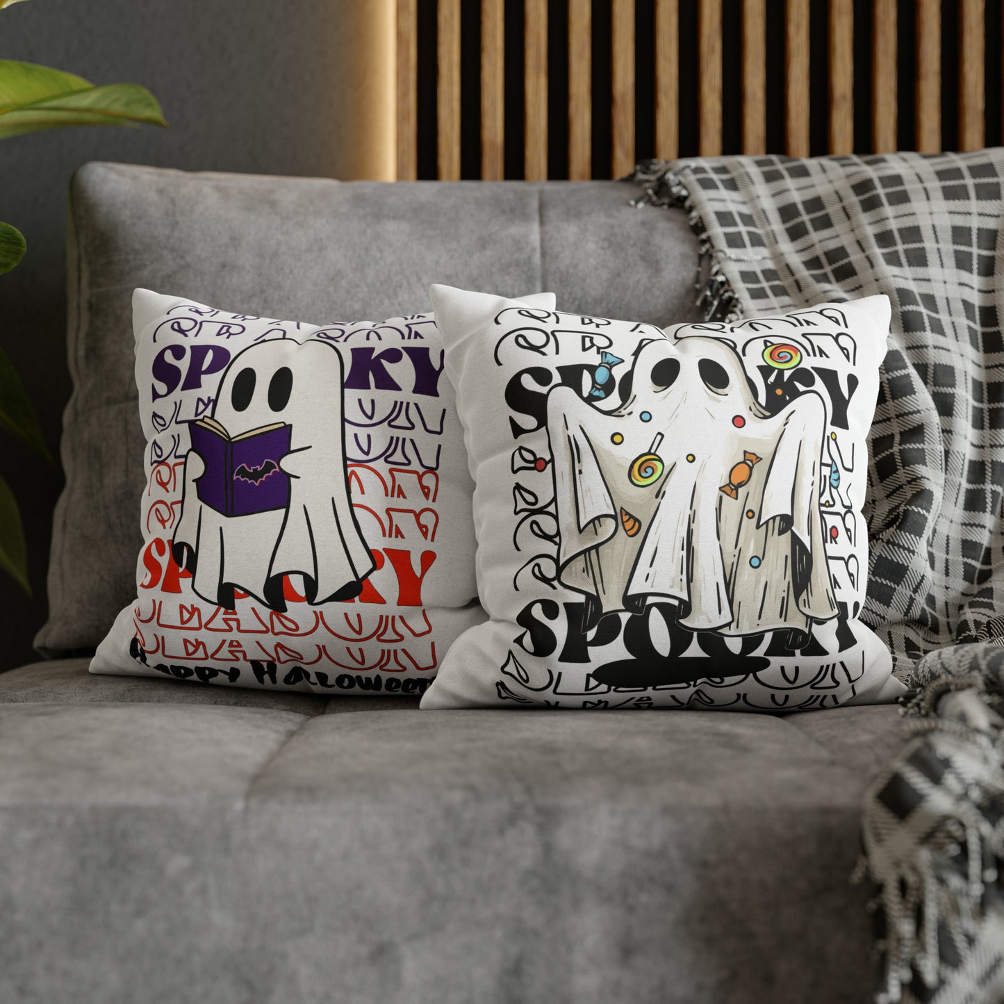 Funda de almohada cuadrada de poliéster hilado - Halloween - Pequeño fantasma - 05/07